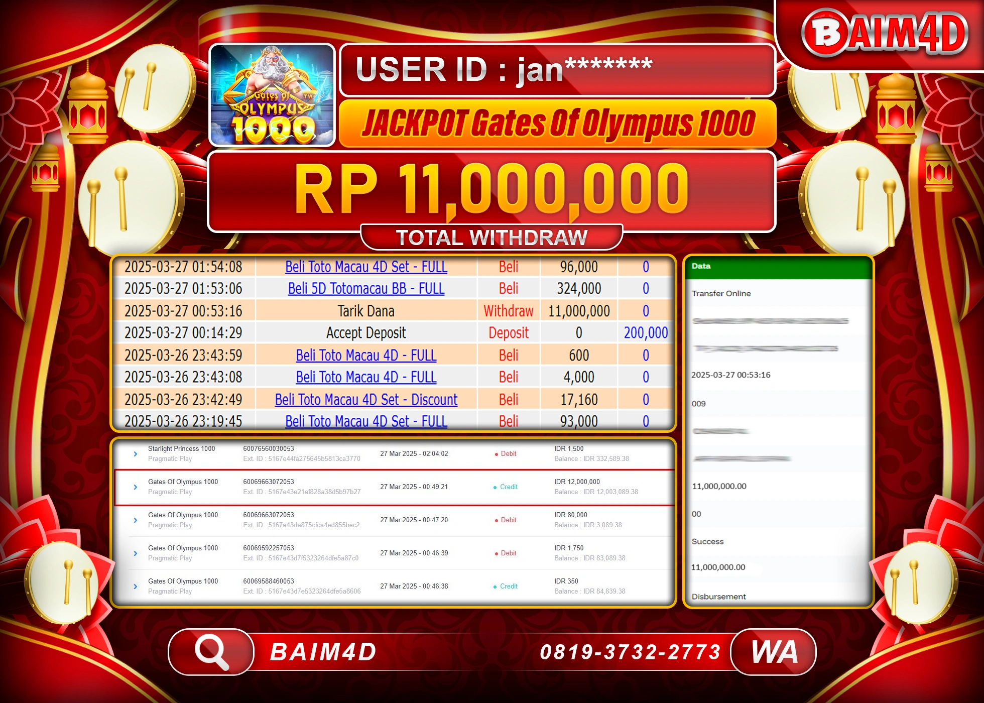BAIM4D  MENANG GATES OF OLYMPUS 1000 Rp.11.000,000.- LUNAS