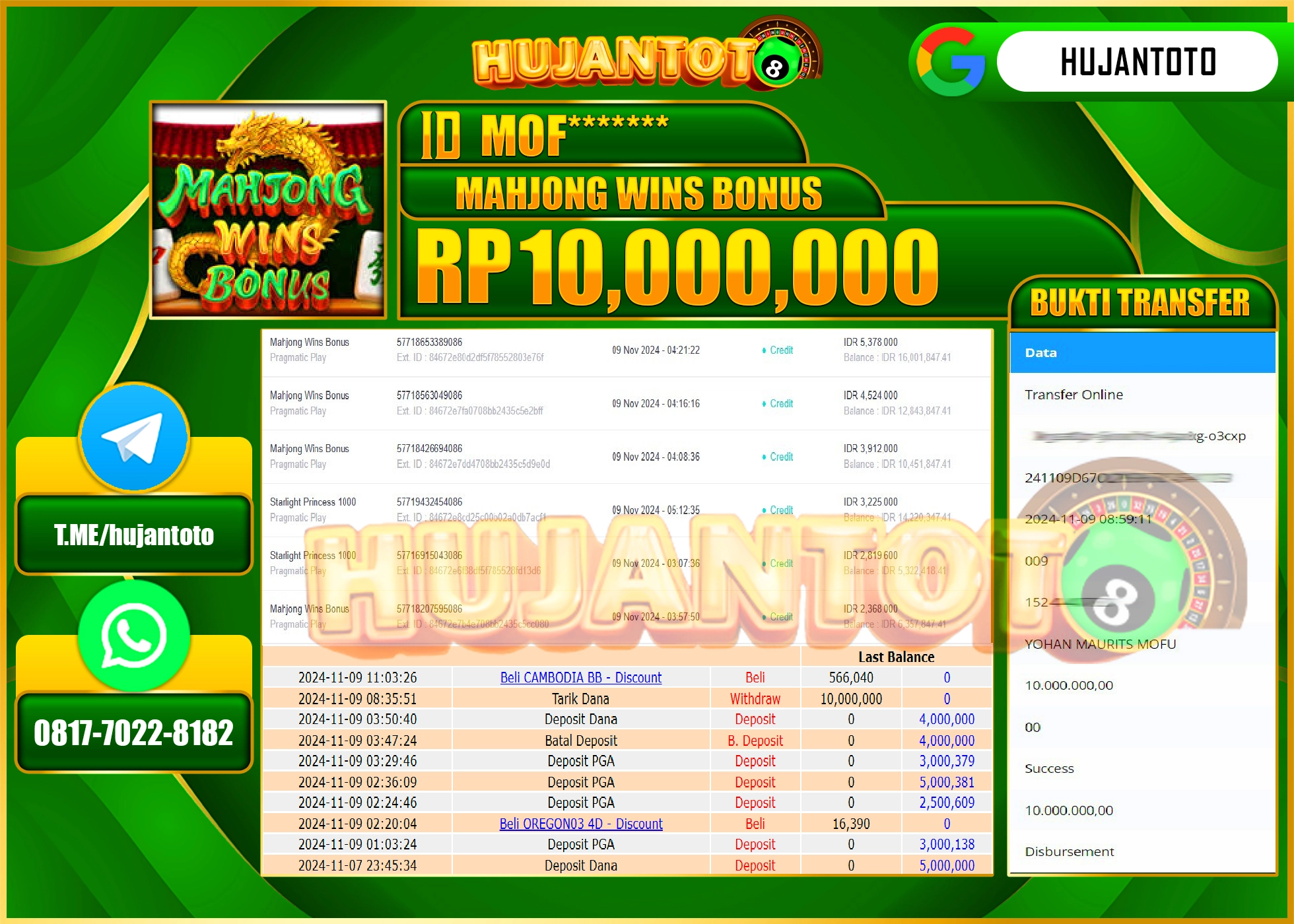 HUJANTOTO MENANG DI PERMAINAN  DI RAIH SLOT MAHJONG WINS BONUS- 10,000,000  - LUNAS