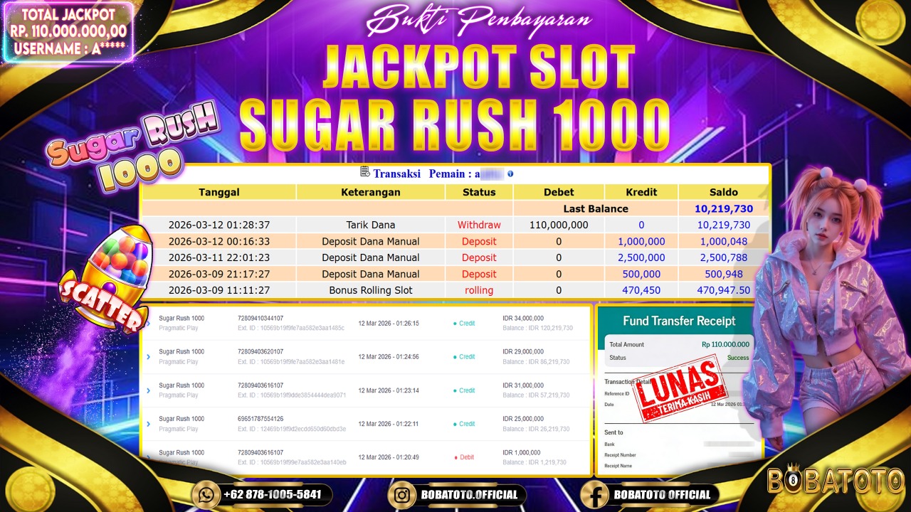 BOBATOTO JACKPOT SLOT PRAGMATIC SUGAR RUSH 1000 Rp.110,000,000,- LUNAS!!