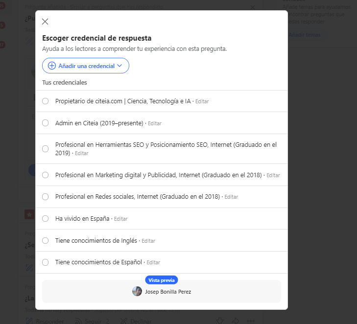 escoger credencial de respuesta en quora