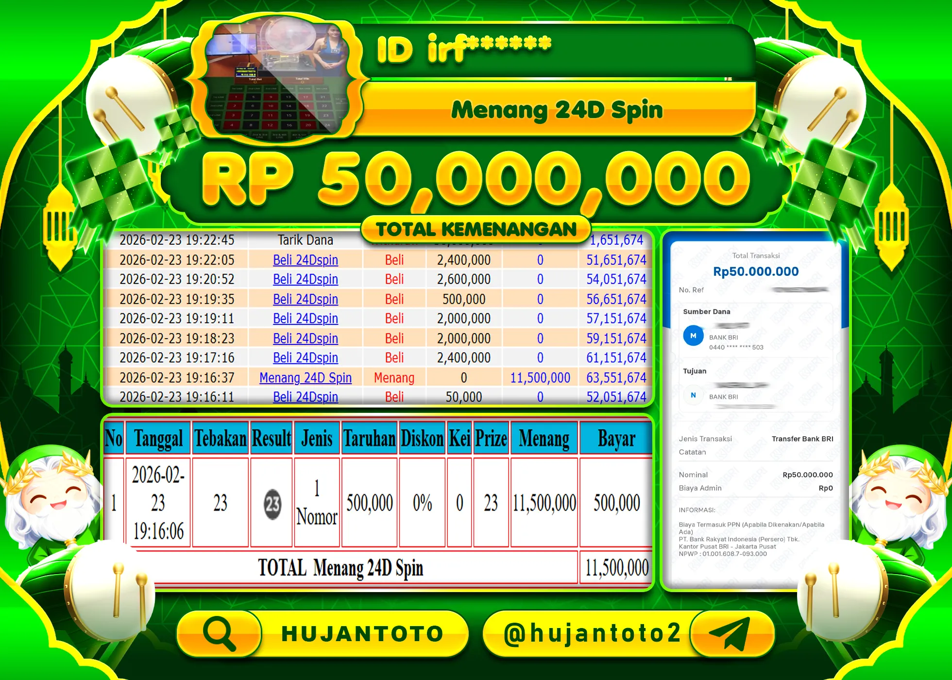 HUJANTOTO - BUKTI JACKPOT MENANG LIVE GAME 24D SPIN Rp.50,000,000 - TERBAYAR LUNAS