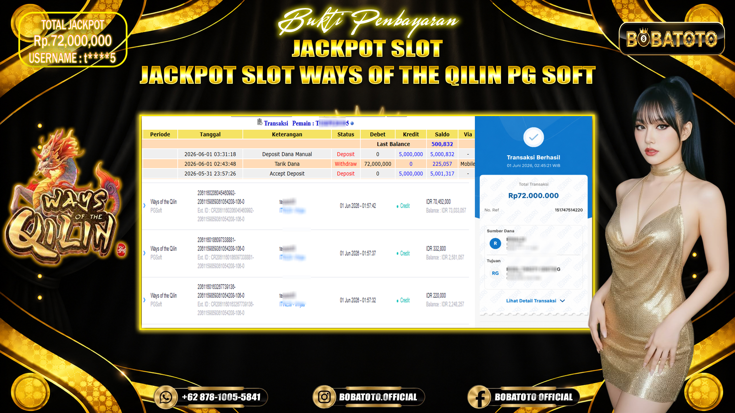 BOBATOTO JACKPOT SLOT PG SOFT WAYS OF THE QILIN Rp.72,000,000,- LUNAS!!! 