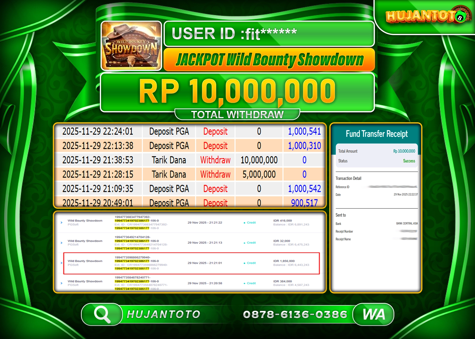 HUJANTOTO - BUKTI JACKPOT MENANG WILD BOUNTY SHOWDOWN Rp.10,000,000 - TERBAYAR LUNAS