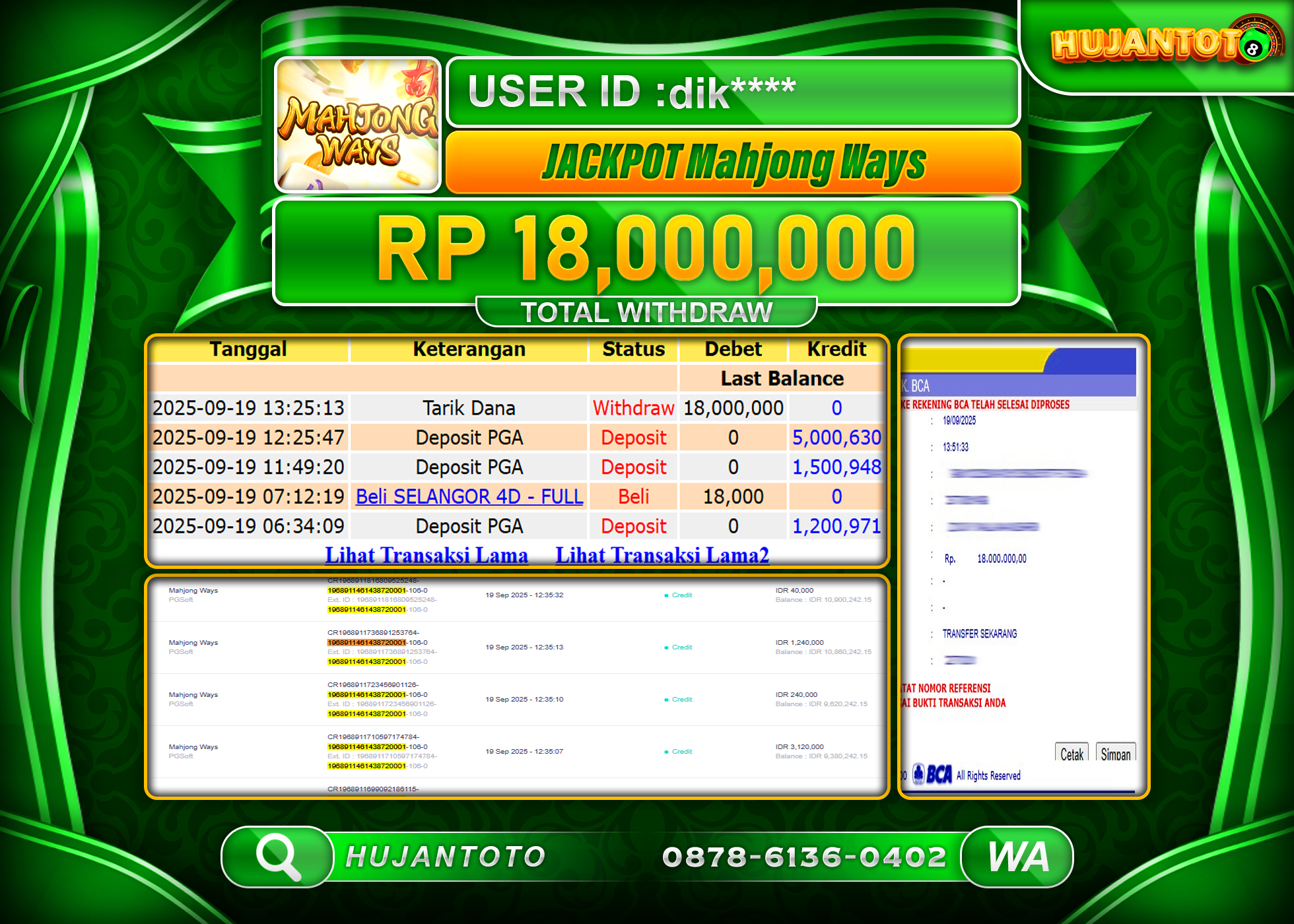 HUJANTOTO - BUKTI JACKPOT MENANG SLOT MAHJONG WAYS PG SOFT Rp.18,000,000 - TERBAYAR LUNAS