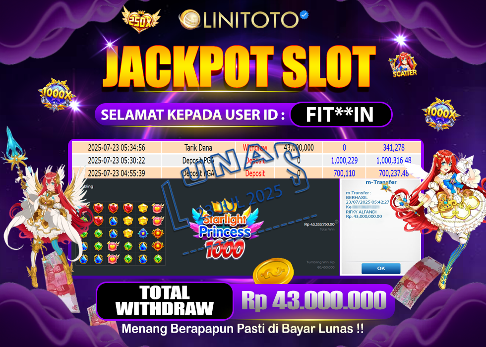 LINITOTO JACKPOT SLOT STARLIGHT PRINCESS 1000 Rp.43.000.000,- LUNAS