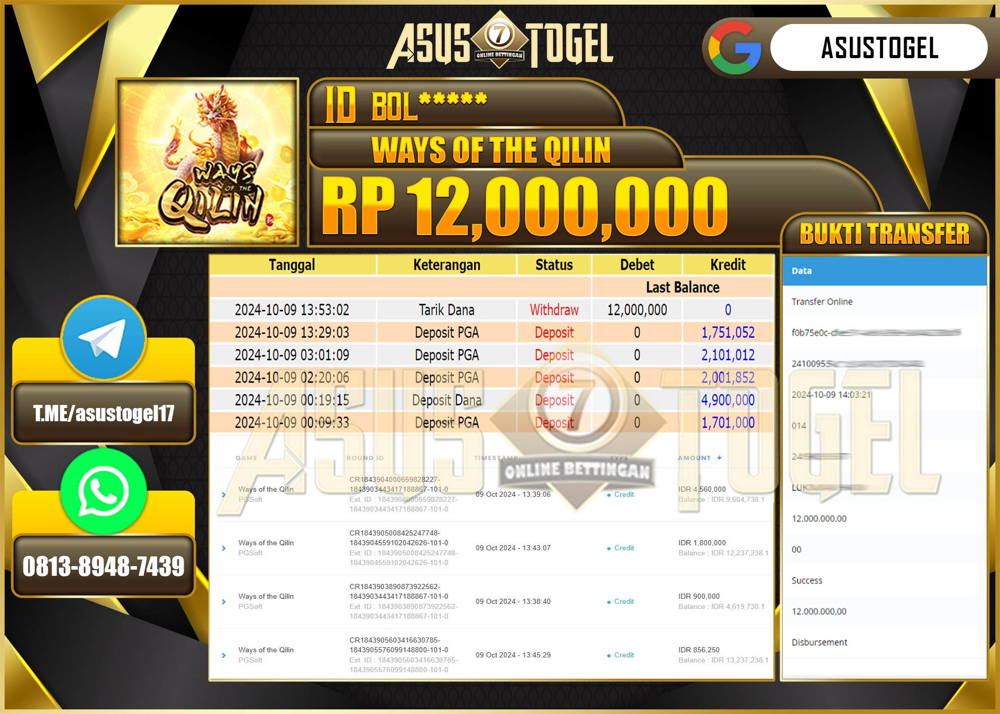 ASUSTOGEL KEMENANGAN  DI GAMES  WAYS OF THE QILIN SEBESAR   12,000,000 - RUPIAH LUNAS
