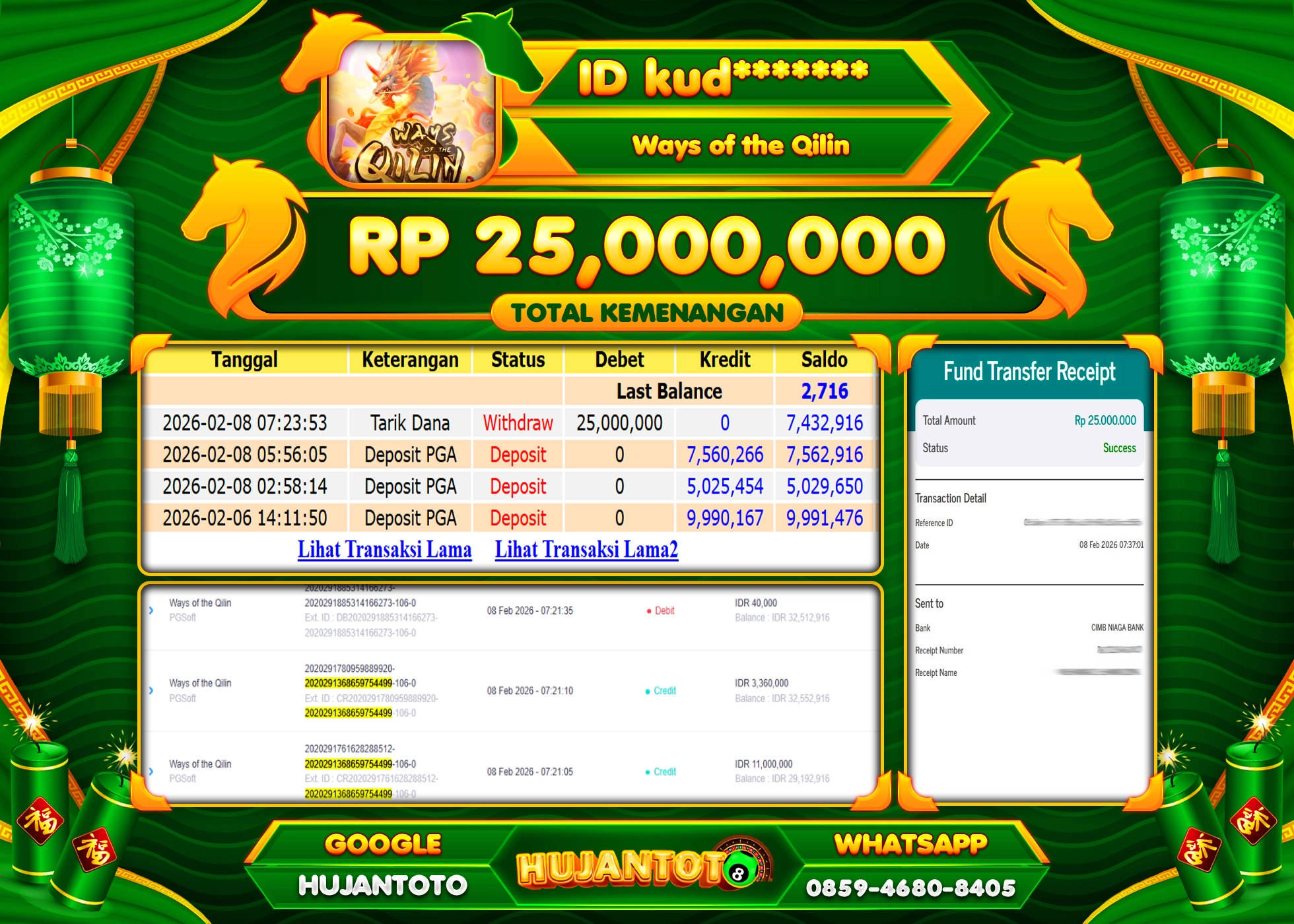 HUJANTOTO - BUKTI JACKPOT MENANG SLOT WAYS OF THE QILIN Rp.25,000,000 - TERBAYAR LUNAS
