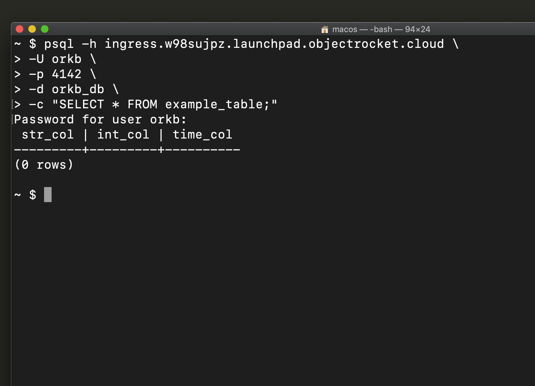 Screenshot of psql connect to database in ObjectRocket example using psql to run an SQL command