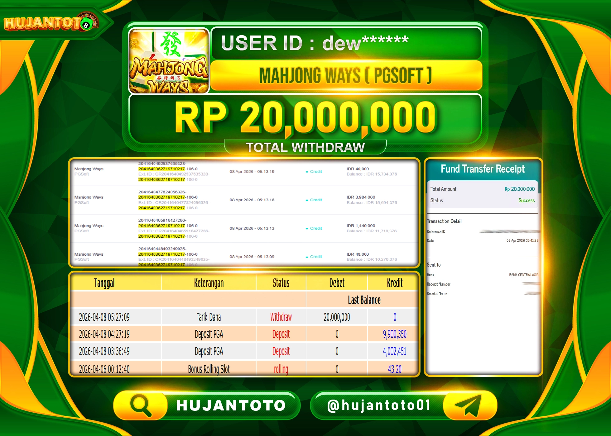 HUJANTOTO - BUKTI JACKPOT MENANG SLOT MAHJONG WAYS PGSOFT Rp.20,000,000 - TERBAYAR LUNAS