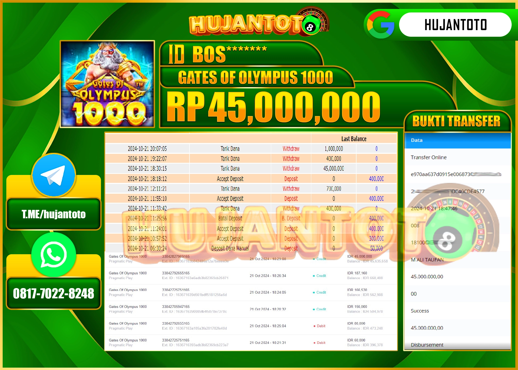 HUJANTOTO MENANG DI PERMAINAN GATES OF OLYMPUS 1000 - 45,000,000 - LUNAS