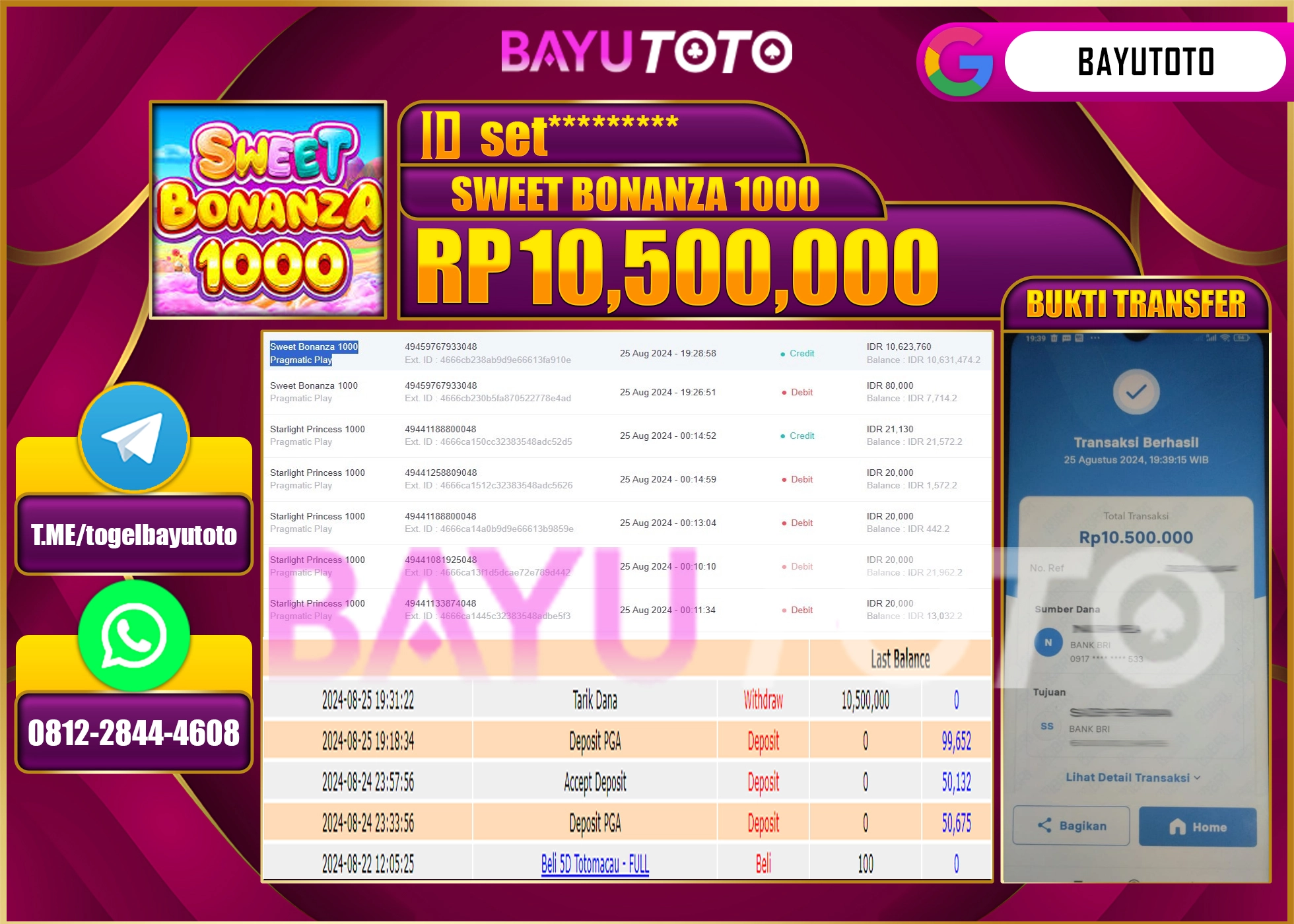 BAYUTOTO MENANG SLOT SWEET BONANZA 1000 10.500.000 - LUNAS