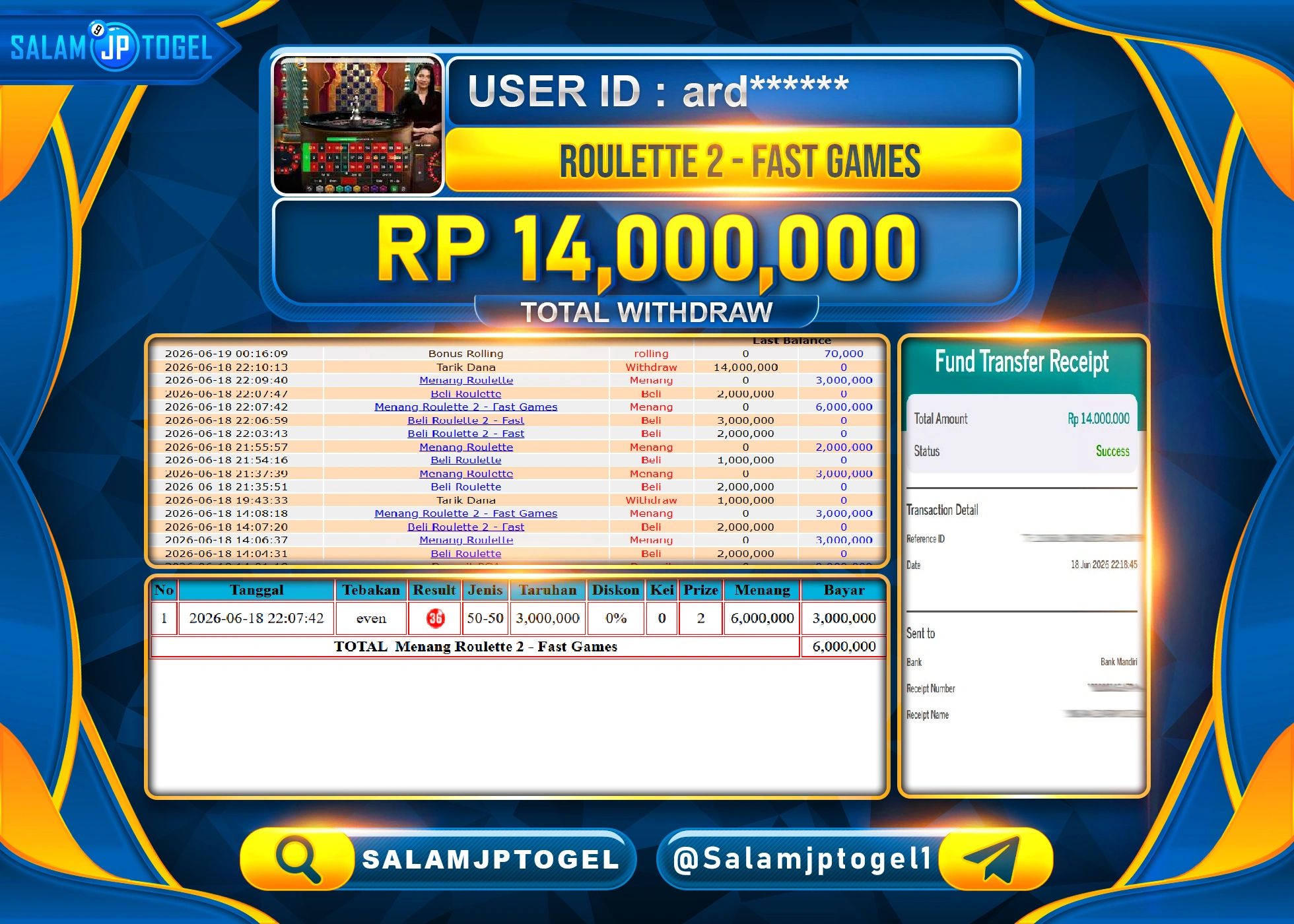 SALAMJPTOGEL JACKPOT MENANG LIVEGAMES ROULETTE 2 - FAST GAMES Rp.14,000,000 - LUNAS