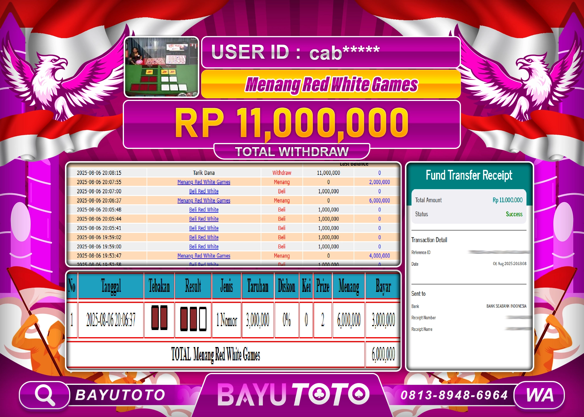 BAYUTOTO JACKPOT DI LIVE CASINO RED WHITE GAMES Rp.11,000,000 LUNAS