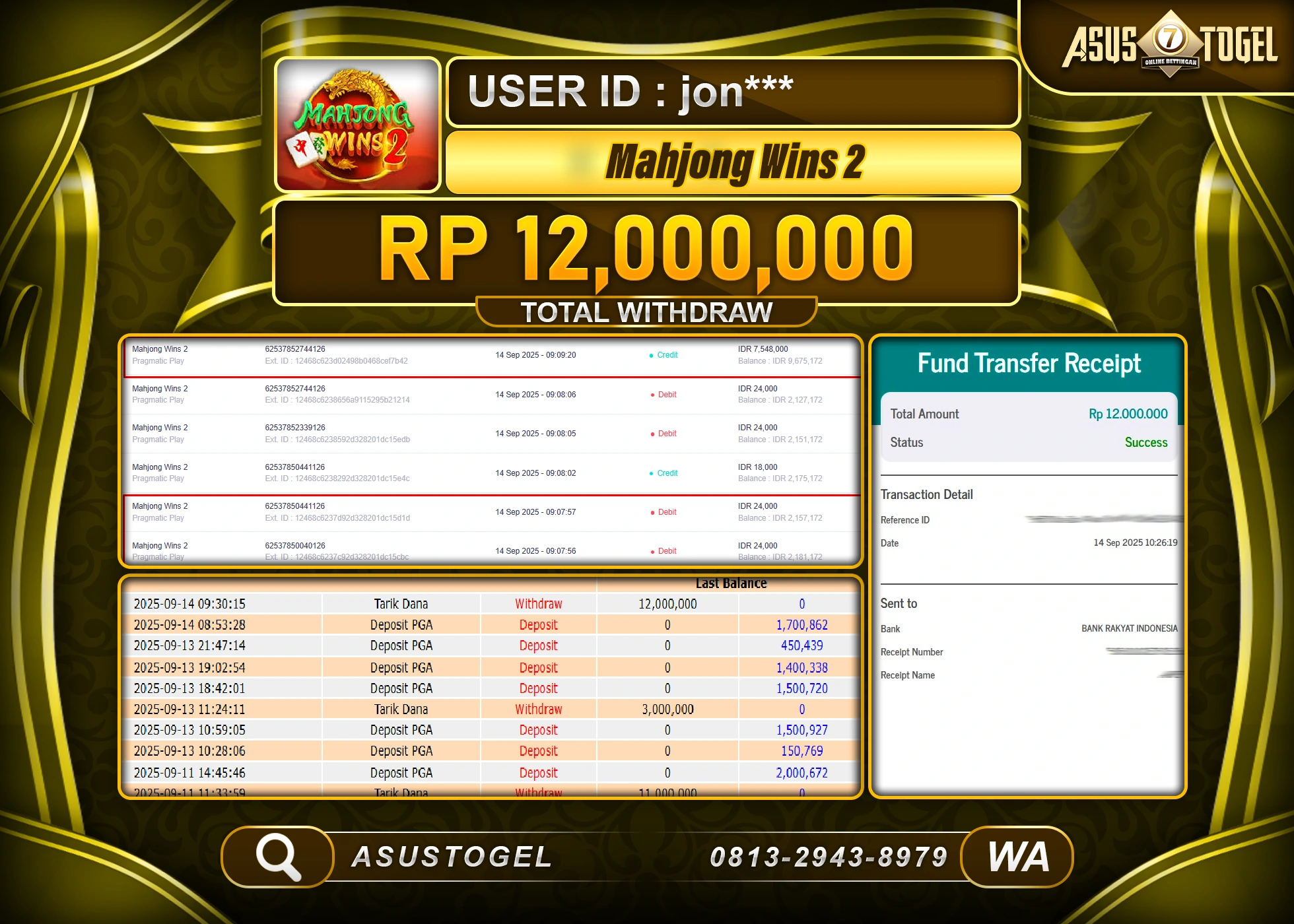 SUSTOGEL KEMENANGAN DI SLOT MAHJONG WINS 2 SEBESAR 12,000,000- RUPIAH LUNAS