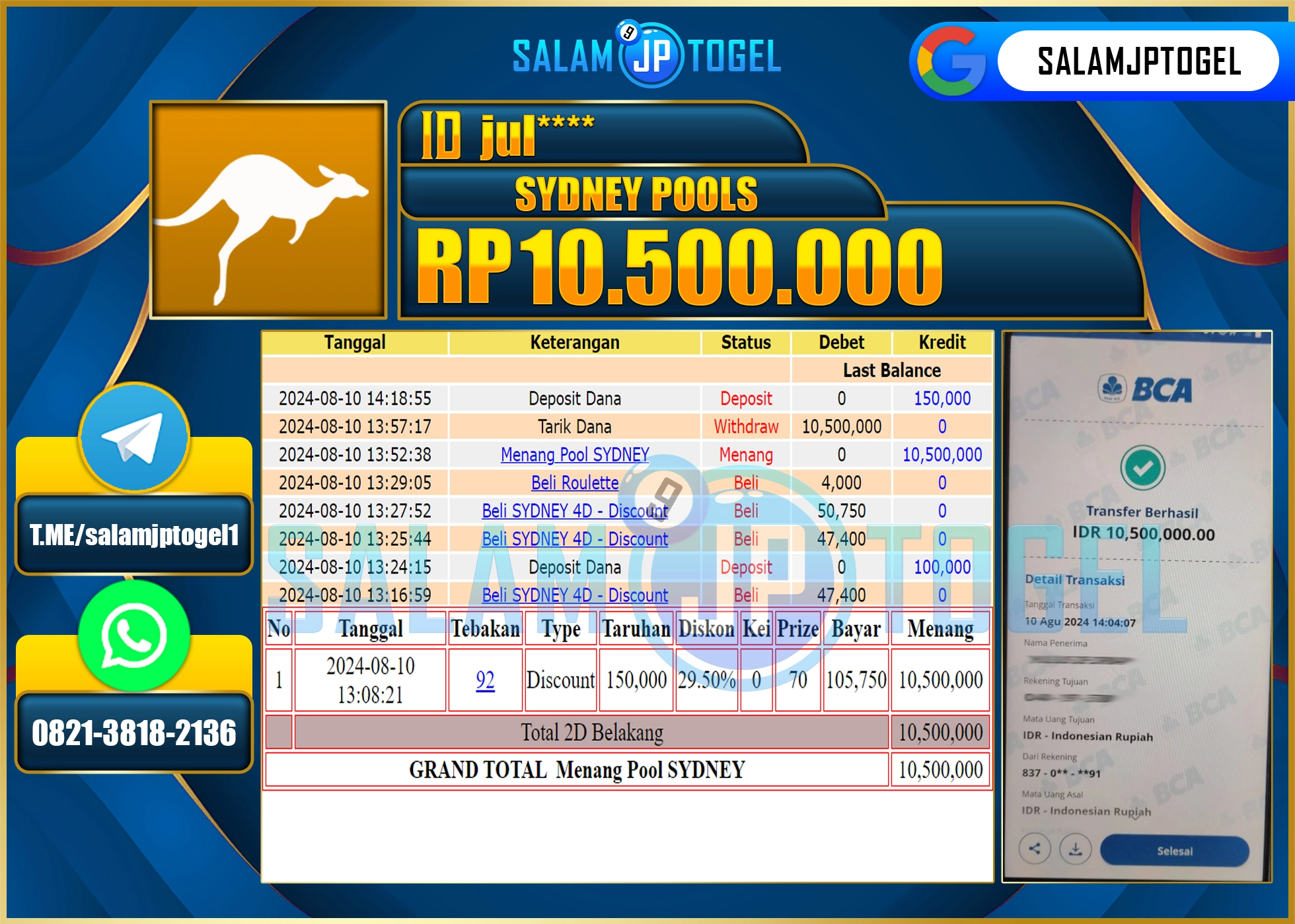 SALAMJPTOGEL MENANG POOLS SYDNEY RP. 10,500,000 LUNAS