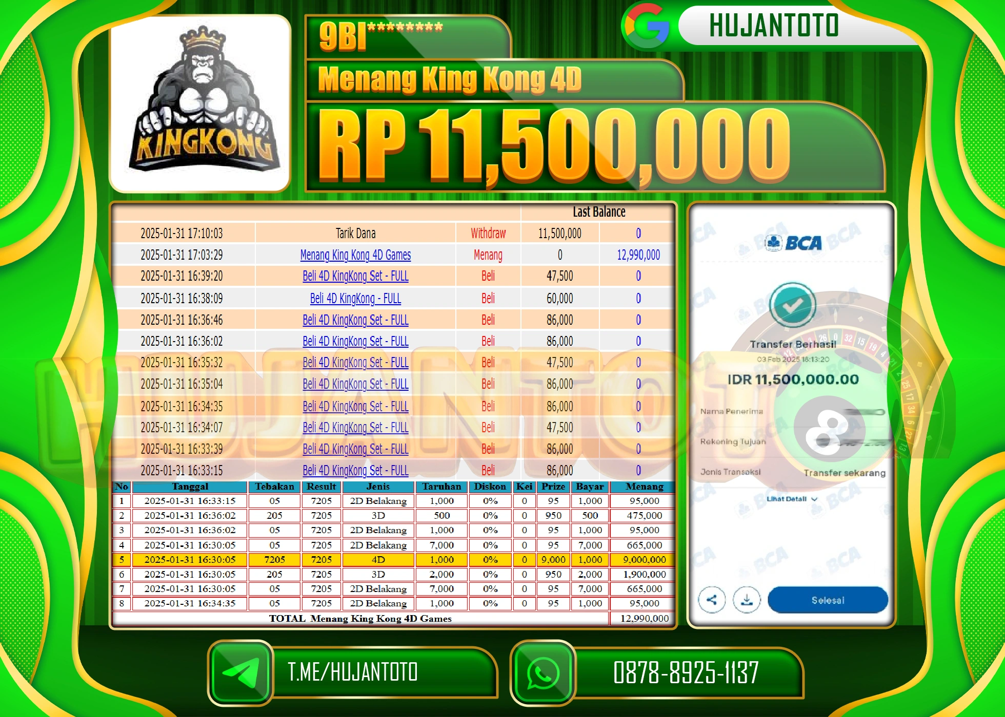HUJANTOTO - BUKTI JACKPOT MENANG TOGEL KINGKONG POLSS, Rp,11,500,000 - TERBAYAR LUNAS