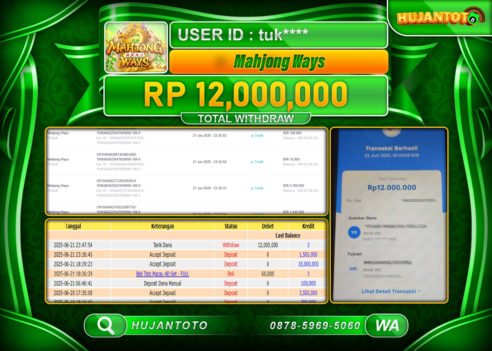 HUJANTOTO - BUKTI JACKPOT MENANG SLOT MAHJONG WAYS PG SOFT Rp.12,000,000 - TERBAYAR LUNAS
