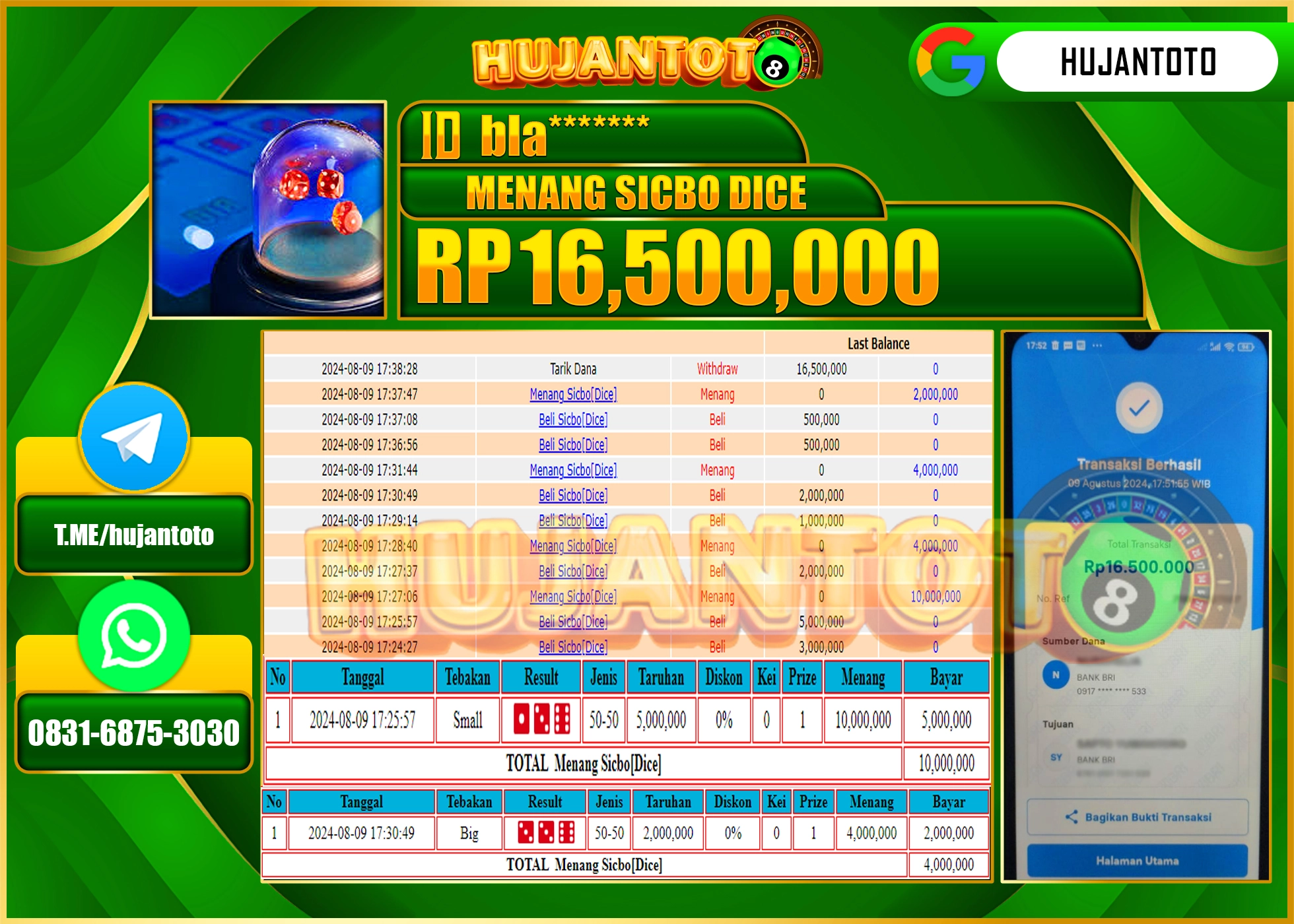 HUJANTOTO MENANG BESAR DI PERMAINAN LIVEGAMES SICBO DICE 16.500.000 - LUNAS 