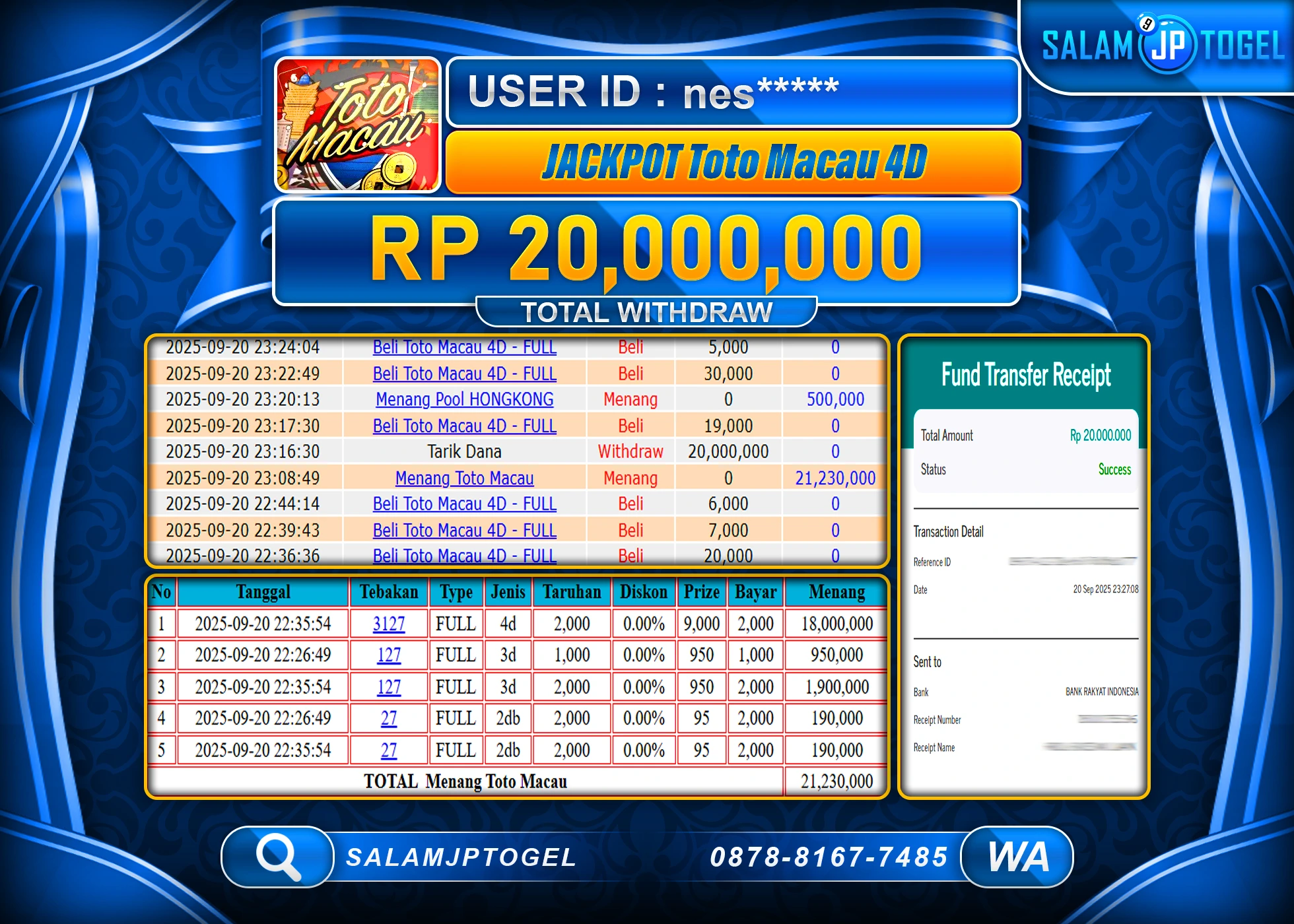 SALAMJPTOGEL MENANG JACKPOT TOTO MACAU 4D  Rp.20,000,000