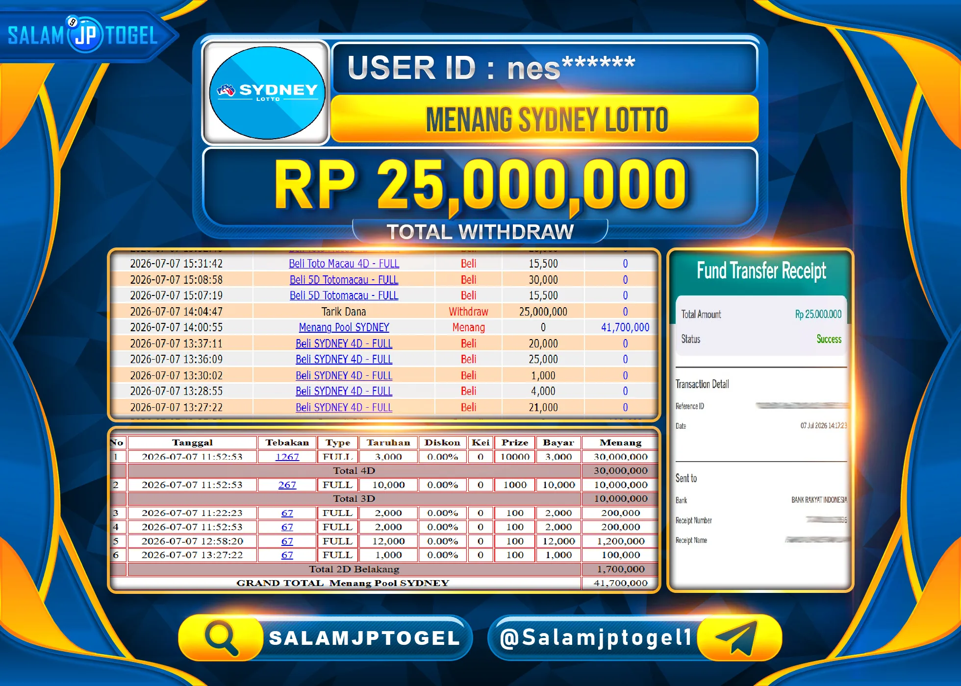 SALAMJPTOGEL JACKPOT MENANG GACOR TOGEL SYDNEY LOTTO Rp.25,000,000 - LUNAS