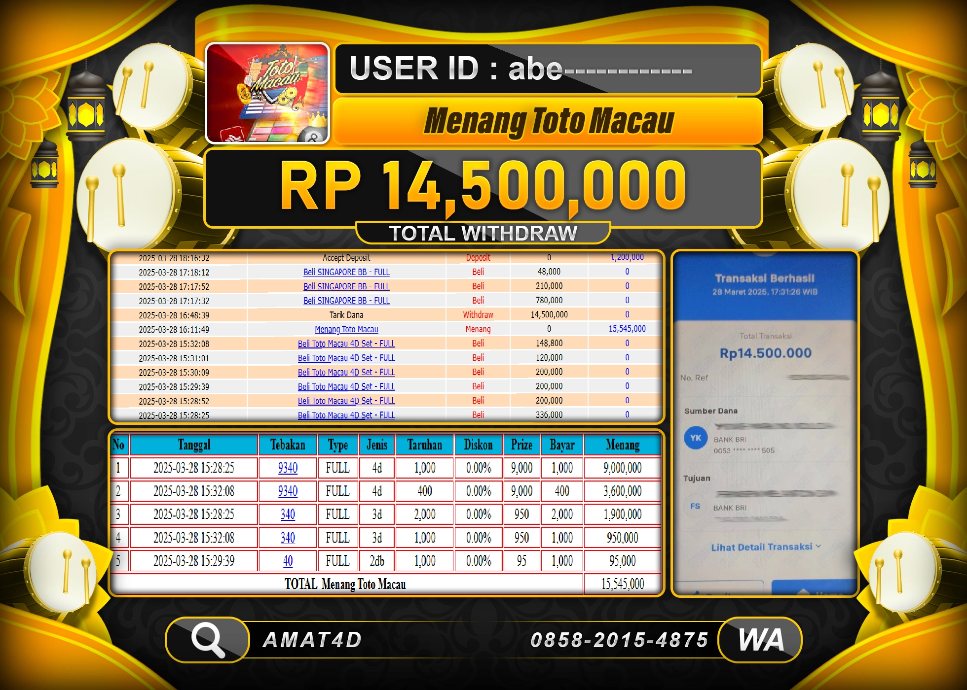 AMAT4D KEMENANGAN TOGEL TOTO MACAU Rp.14.500.000 BERHASIL TERBAYAR LUNAS