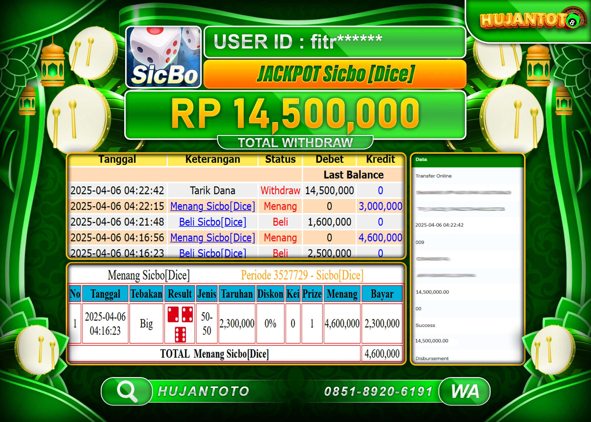 HUJANTOTO - BUKTI JACKPOT MENANG LIVE GAMES SICBO DICE Rp,14,500,000 - TERBAYAR LUNAS