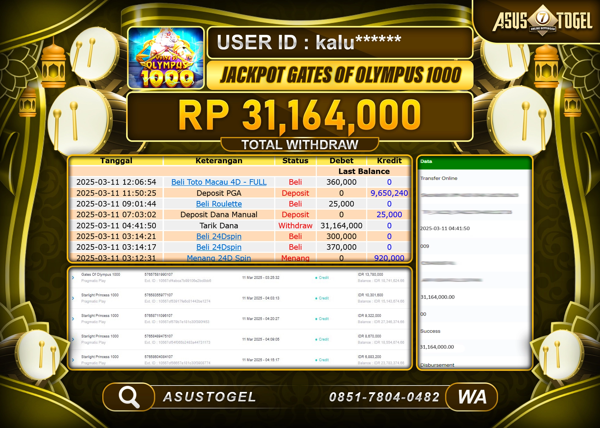 ASUSTOGEL KEMENANGAN DI GATES OF OLYMPUS 1000 SEBESAR 31,164,000- RUPIAH LUNAS