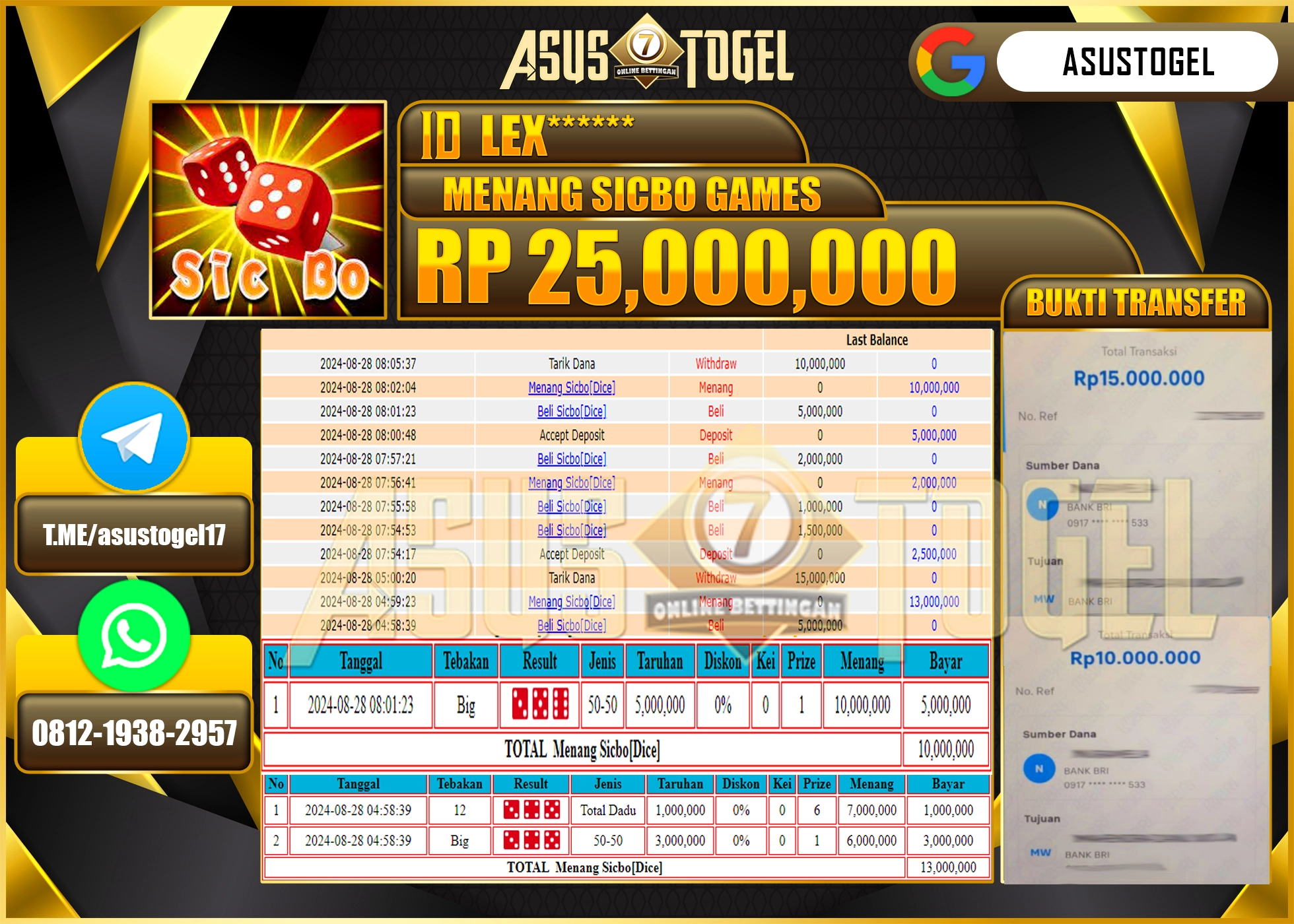 ASUSTOGEL KEMENANGAN DI LIVEGAME SICBO GAMES SEBESAR 25,000,000- RUPIAH LUNAS
