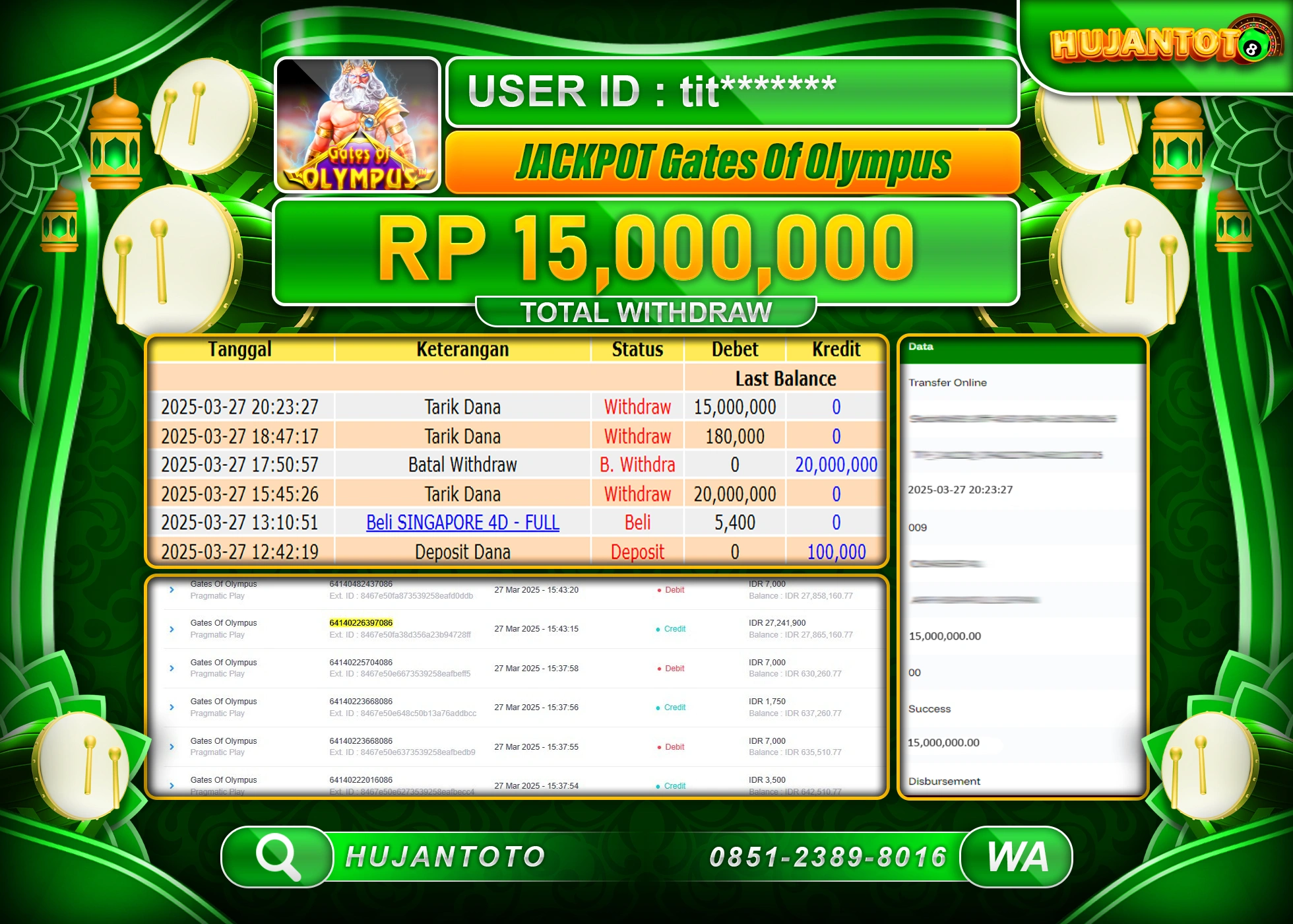 HUJANTOTO - BUKTI JACKPOT MENANG SLOT GATES OF OLYMPUS Rp,15,000,000  - TERBAYAR LUNAS