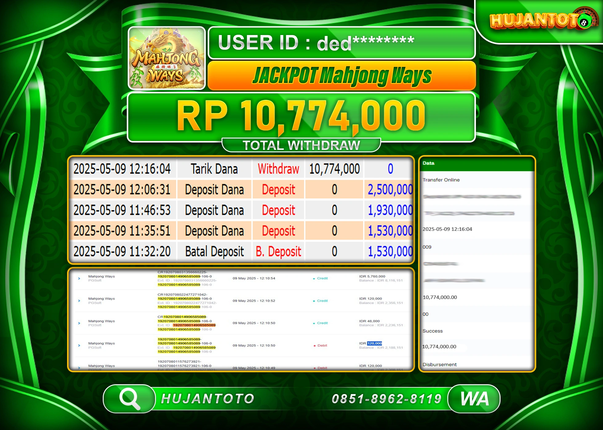 HUJANTOTO - BUKTI JACKPOT MENANG SLOT MAHJONG WAYS Rp,10,774,000- TERBAYAR LUNAS