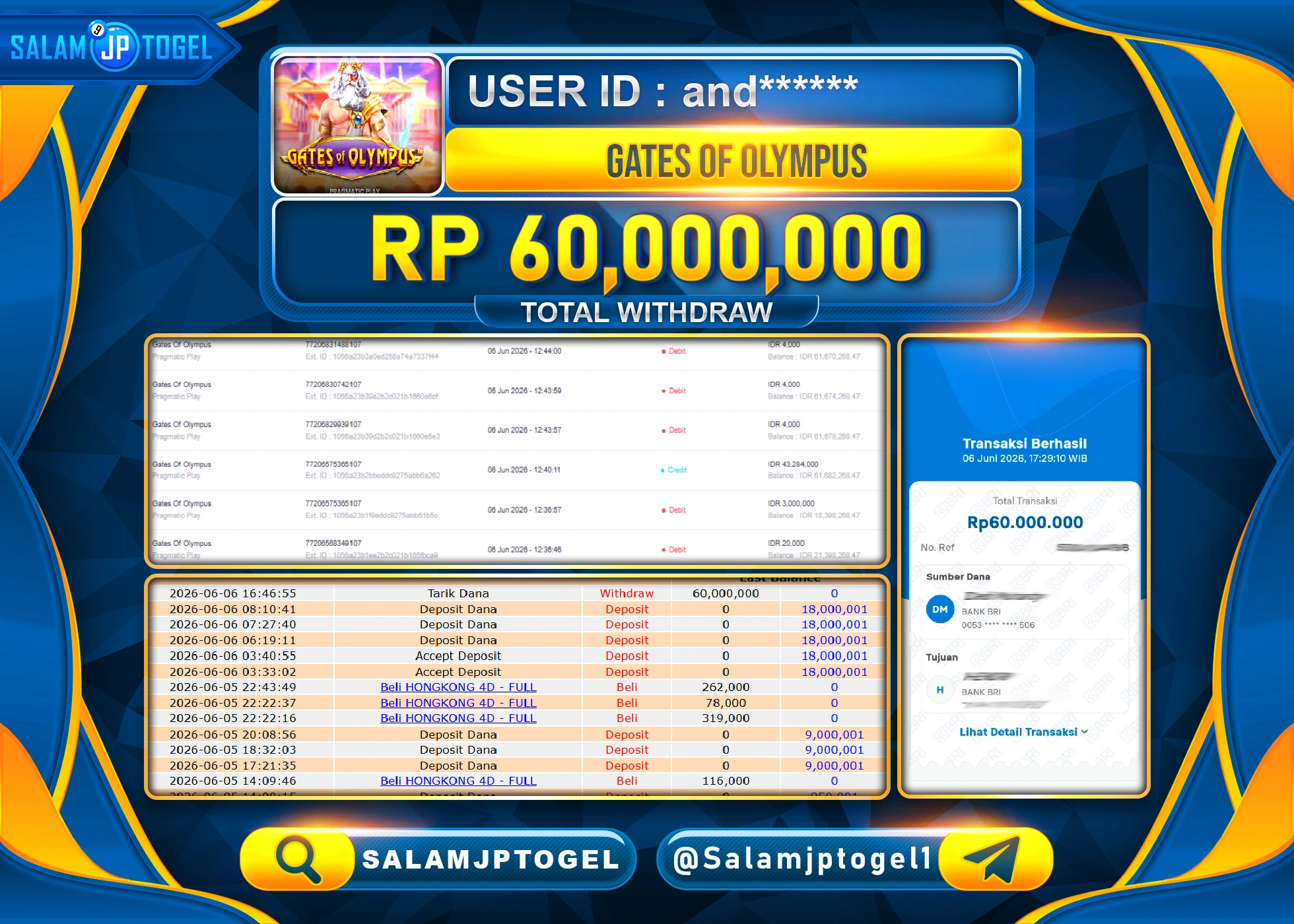 SALAMJPTOGEL JACKPOT MENANG SLOT GATES OF OLYMPUS Rp.60,000,000 - LUNAS