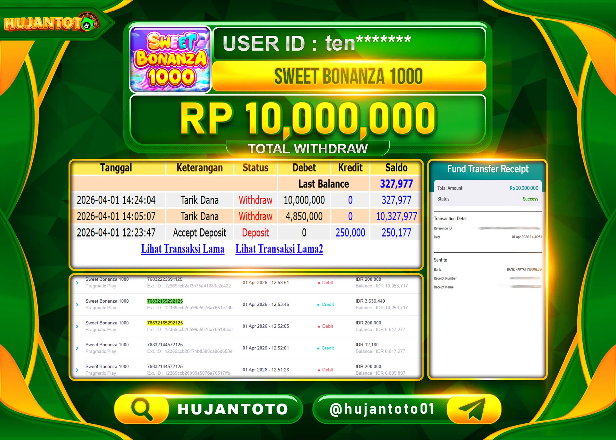 HUJANTOTO - BUKTI JACKPOT MENANG SLOT SWEET BONANZA 1000 Rp.10,000,000 - TERBAYAR LUNAS