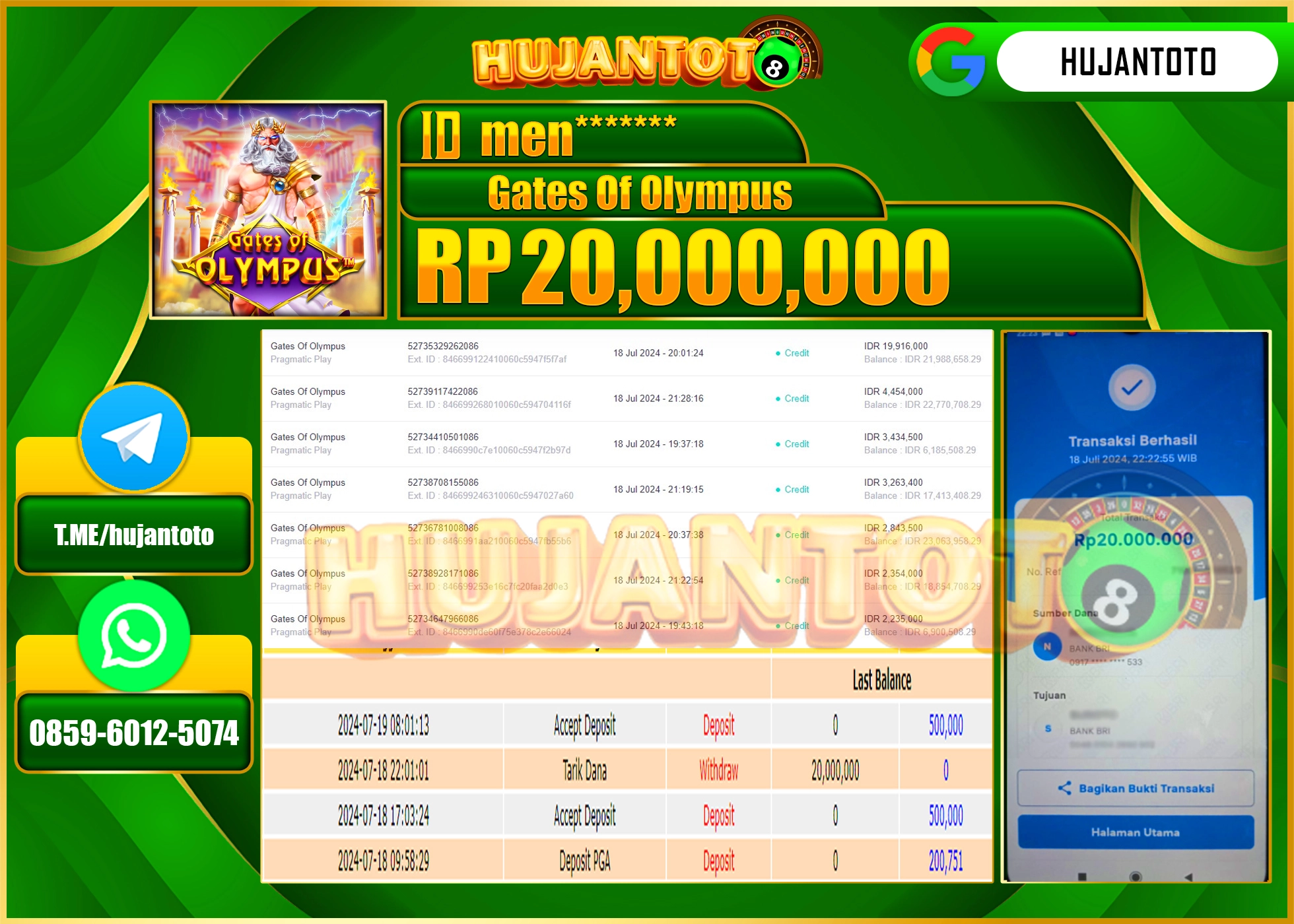HUJANTOTO MENANG PERMAINAN SLOT GATES OF OLYMPUS  20.000.000 - LUNAS 