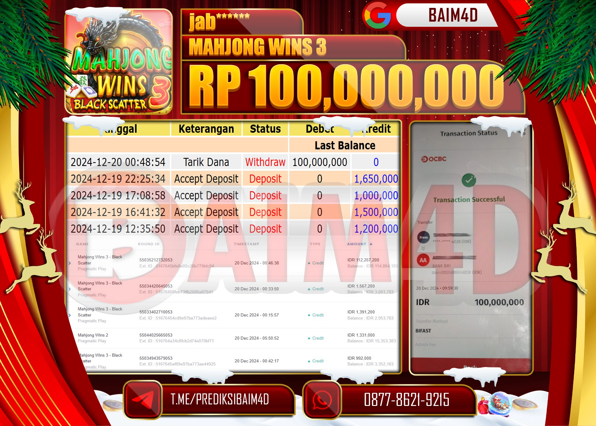 BAIM4D JACKPOT PRAGMATIC Mahjong Wins 3 Rp.100.000,000.- LUNAS