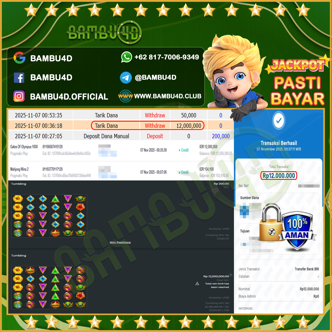 BAMBU4D JACKPOT SLOT PRAGMATIC GATES OF OLYMPUS 1000 Rp.12.000.000,- LUNAS