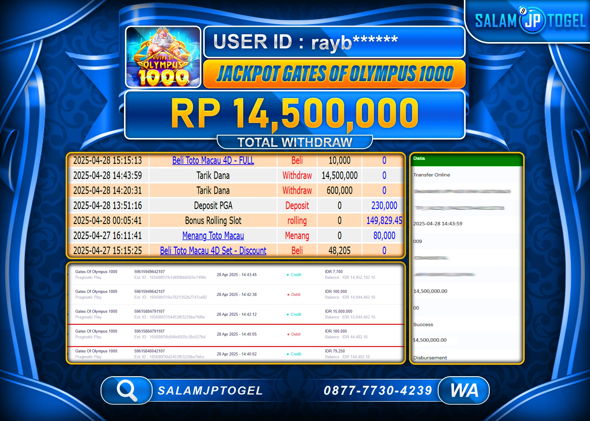 SALAMJPTOGEL MENANG GATES OF OLYMPUS 1000 Rp.14,500,000 LUNAS