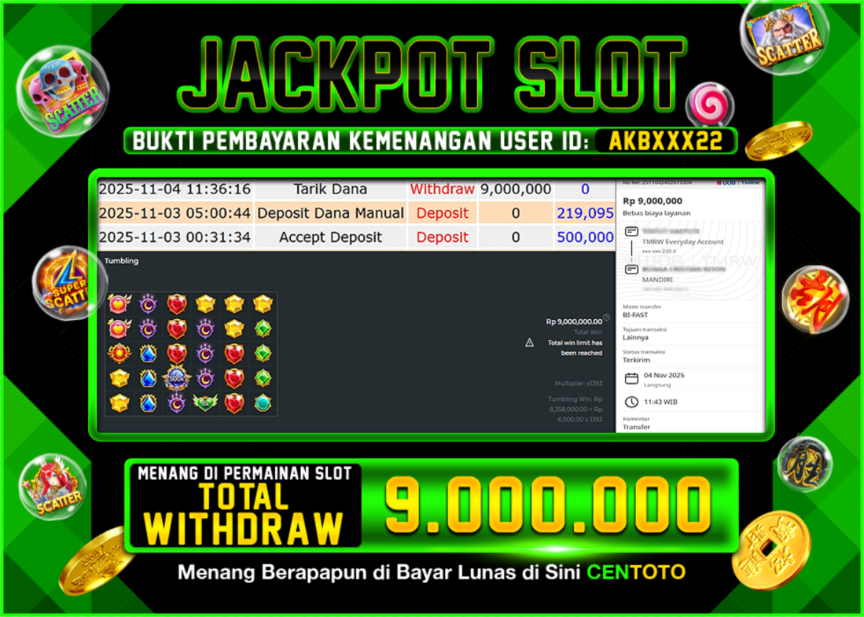 BUKTI JACKPOT SLOT CENTOTO RP.9.000.000,-LUNAS