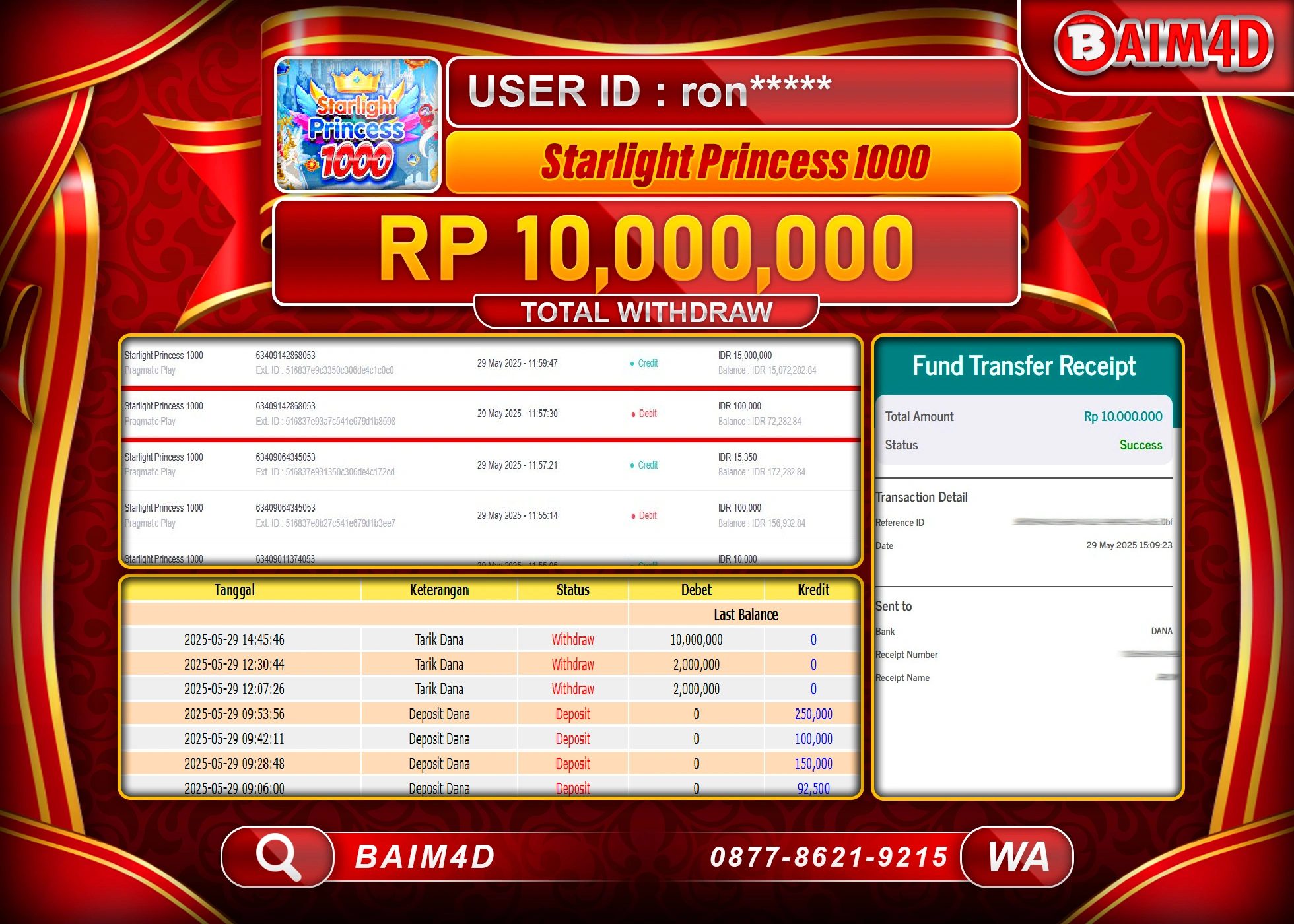 BAIM4D MENANG JACKPOT STARLIGHT PRINCCES 1000 Rp.10.000,000.- LUNAS