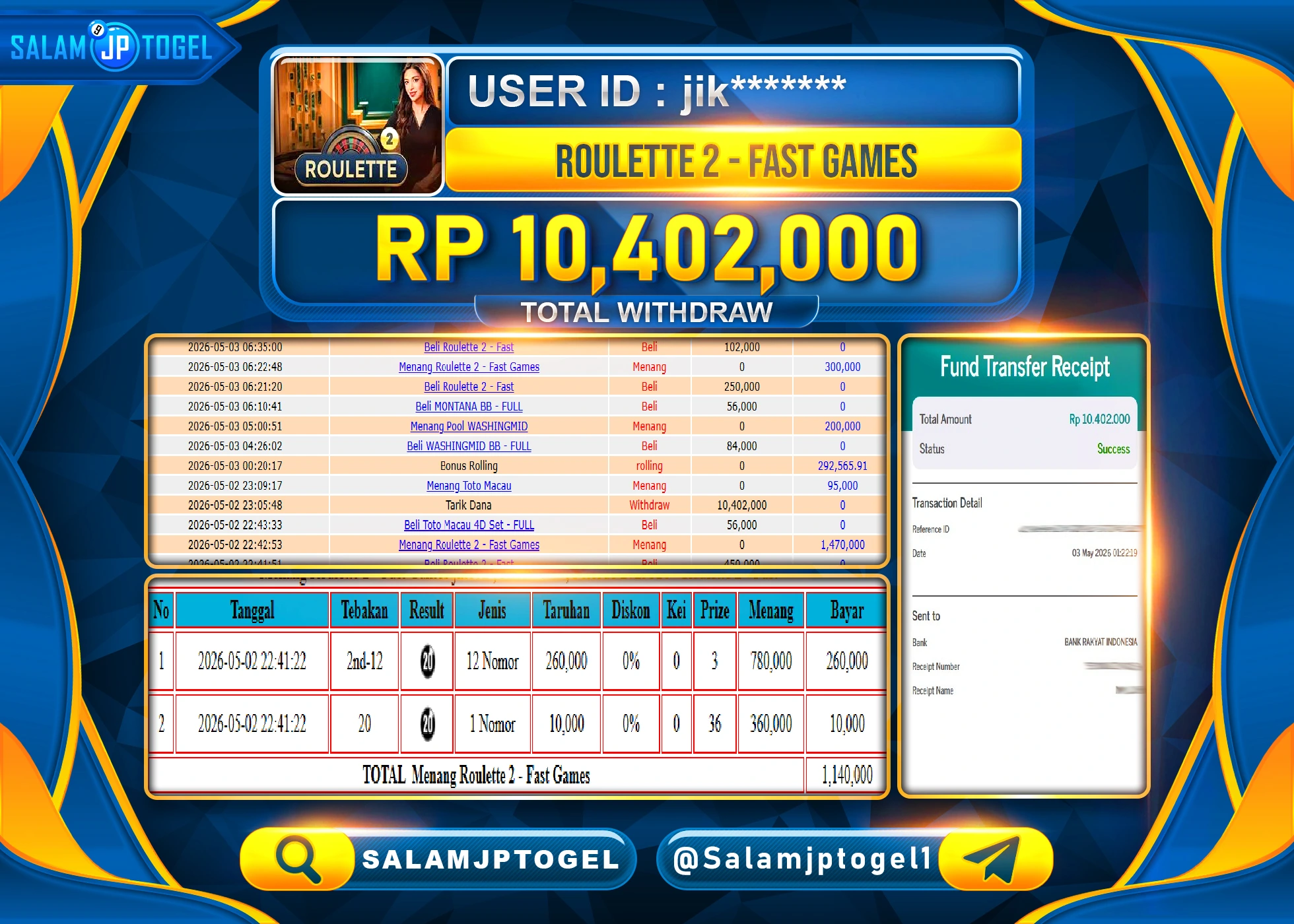 SALAMJPTOGEL JACKPOT Roulette 2 - Fast Games (livegames) Rp.10,402,000- LUNAS