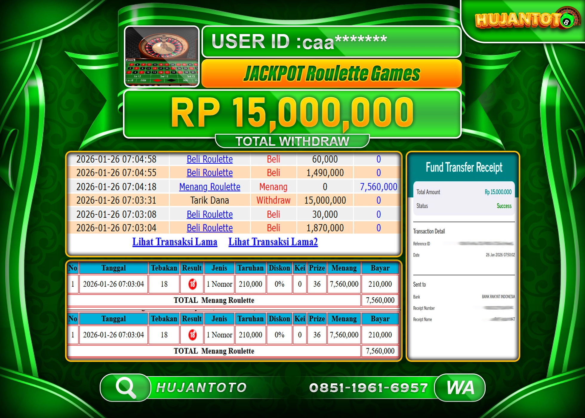 HUJANTOTO - BUKTI JACKPOT MENANG LIVEGAMES ROULETTE GAMES Rp.15,000,000 - TERBAYAR LUNAS