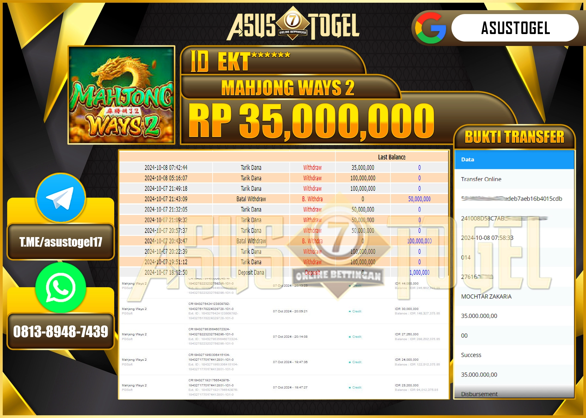 ASUSTOGEL KEMENANGAN  DI GAMES   MENANG    MAHJONG WAYS 2    SEBESAR 35,000,000- RUPIAH LUNAS
