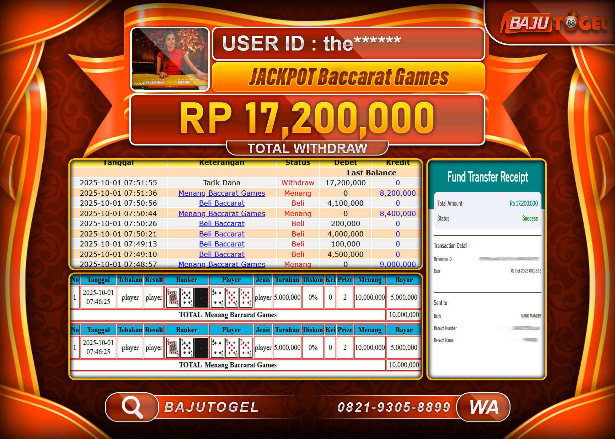 BAJUTOGEL KEMENANGAN LIVE CASINO BACCARAT GAMES Rp.17.200.000 LUNAS