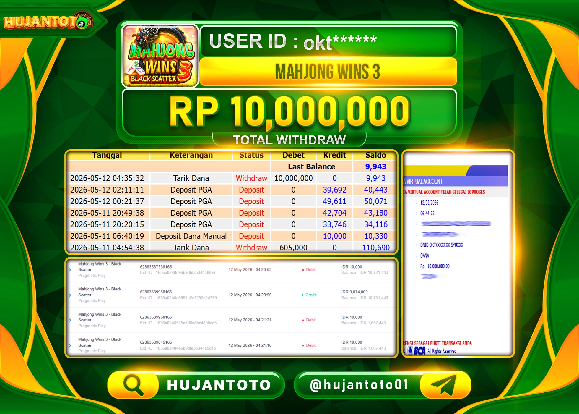 HUJANTOTO - BUKTI JACKPOT MENANG SLOT MAHJONG WINS 3 BLACK SCATTER Rp.10,000,000 - TERBAYAR LUNAS