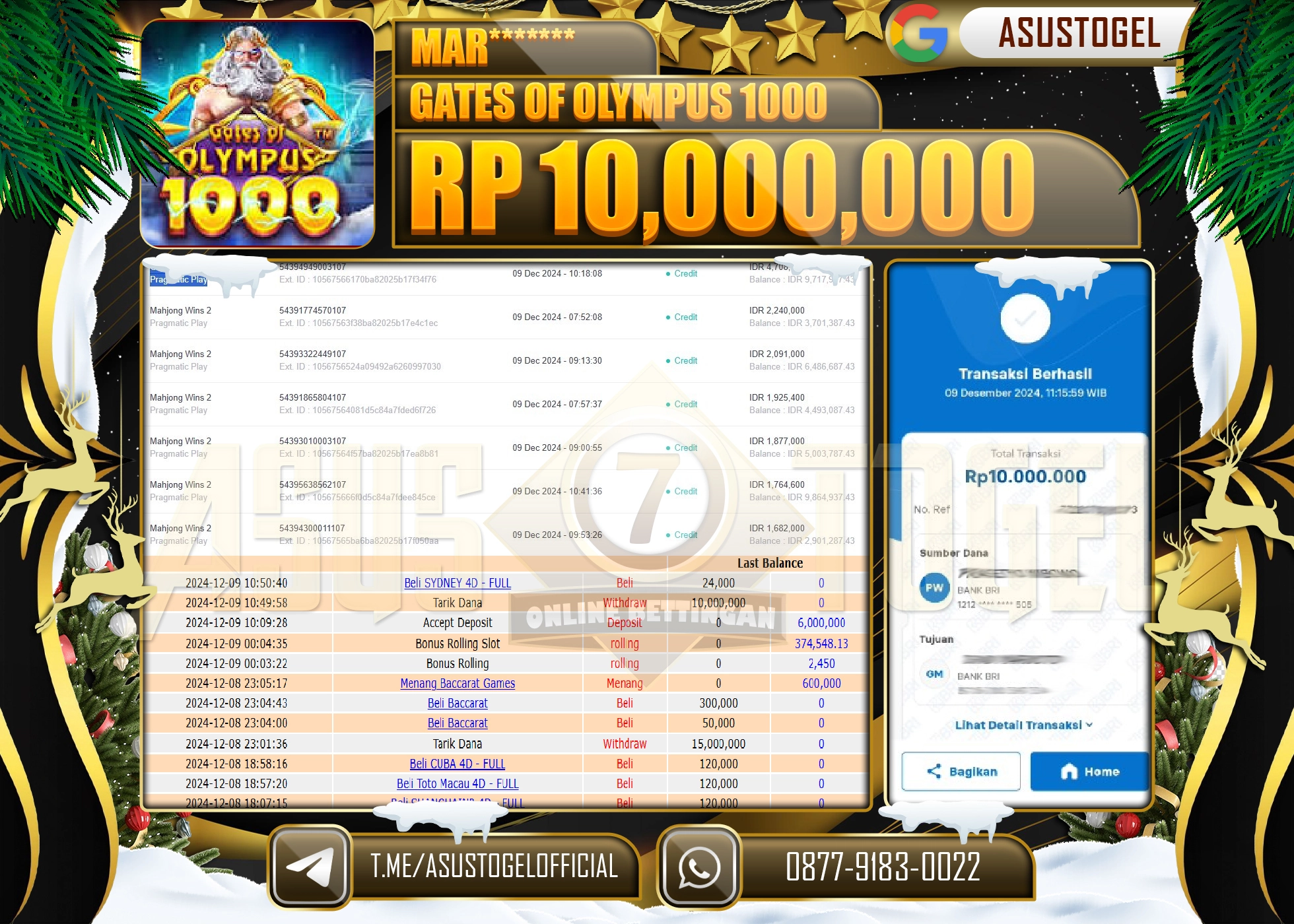 ASUSTOGEL KEMENANGAN DI GAMES SLOT GATES OF OLYMPUS 1000 SEBESAR 10,000,000- RUPIAH LUNAS