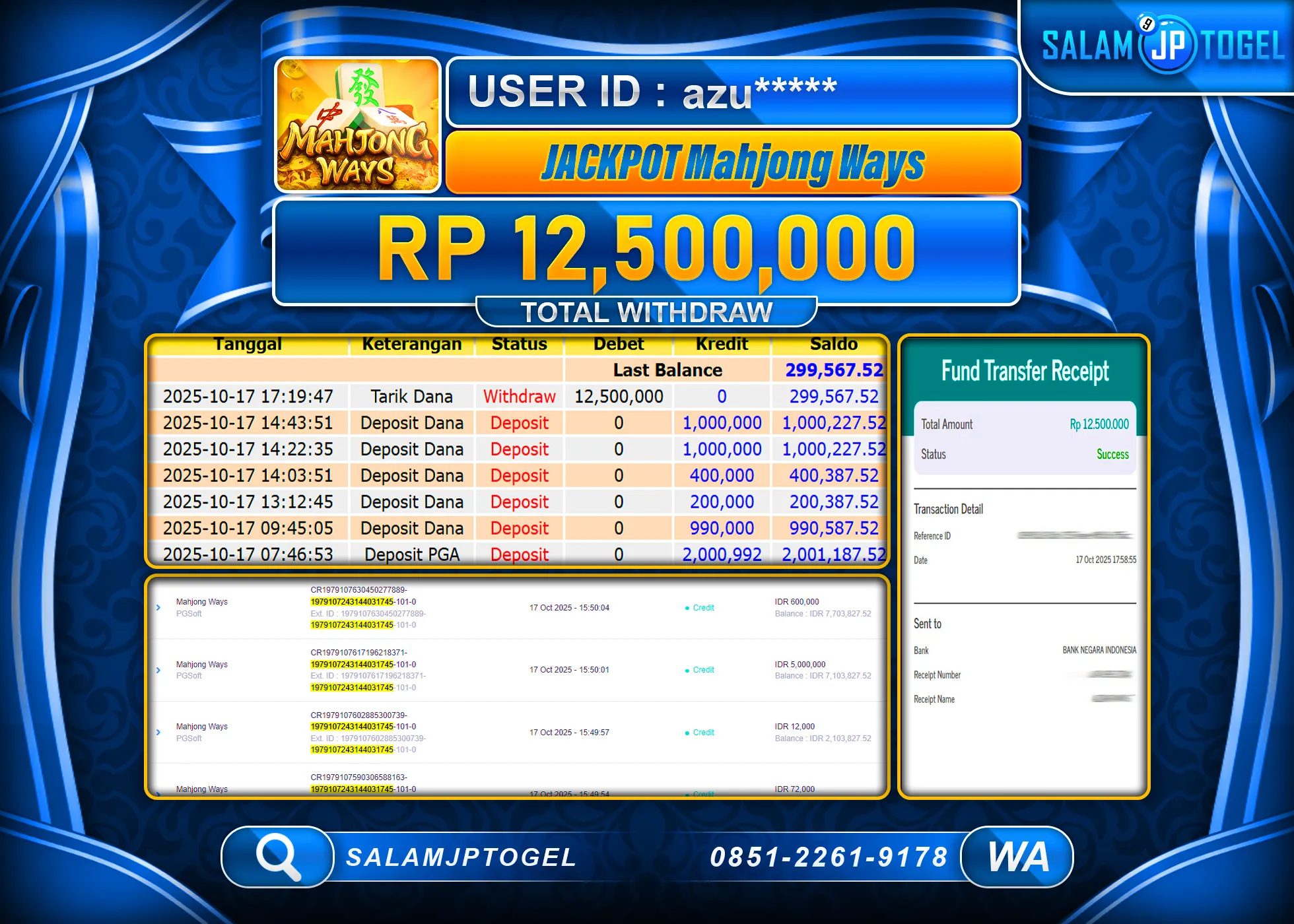 SALAMJPTOGEL MENANG JACKPOT Mahjong Ways Rp.12,500,000  - LUNAS