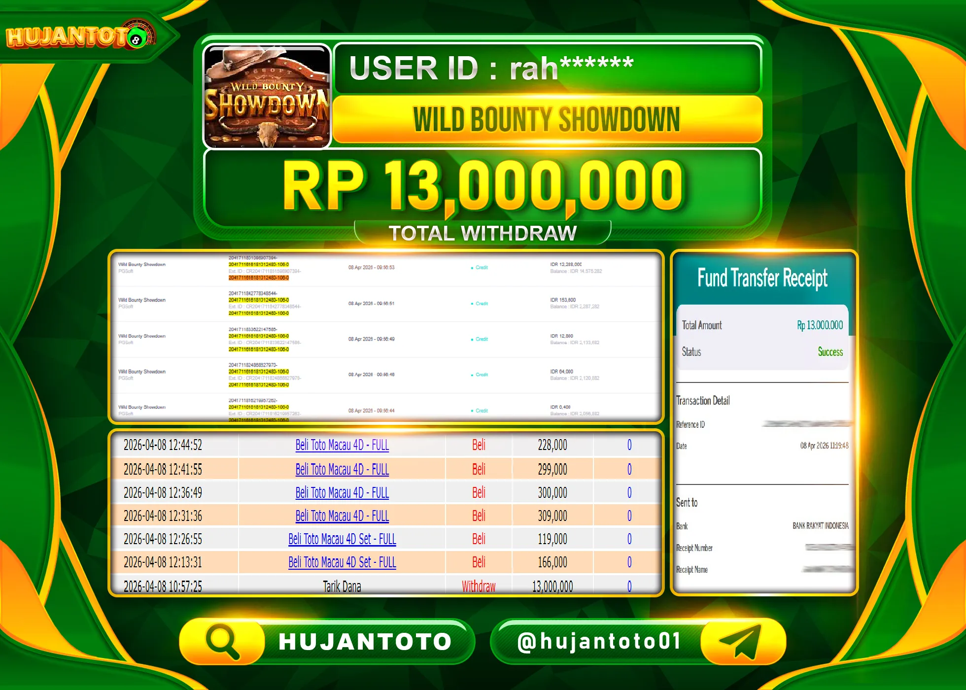 HUJANTOTO - BUKTI JACKPOT MENANG SLOT WILD BOUNTY SHOWDOWN  Rp.13,000,000 - TERBAYAR LUNAS