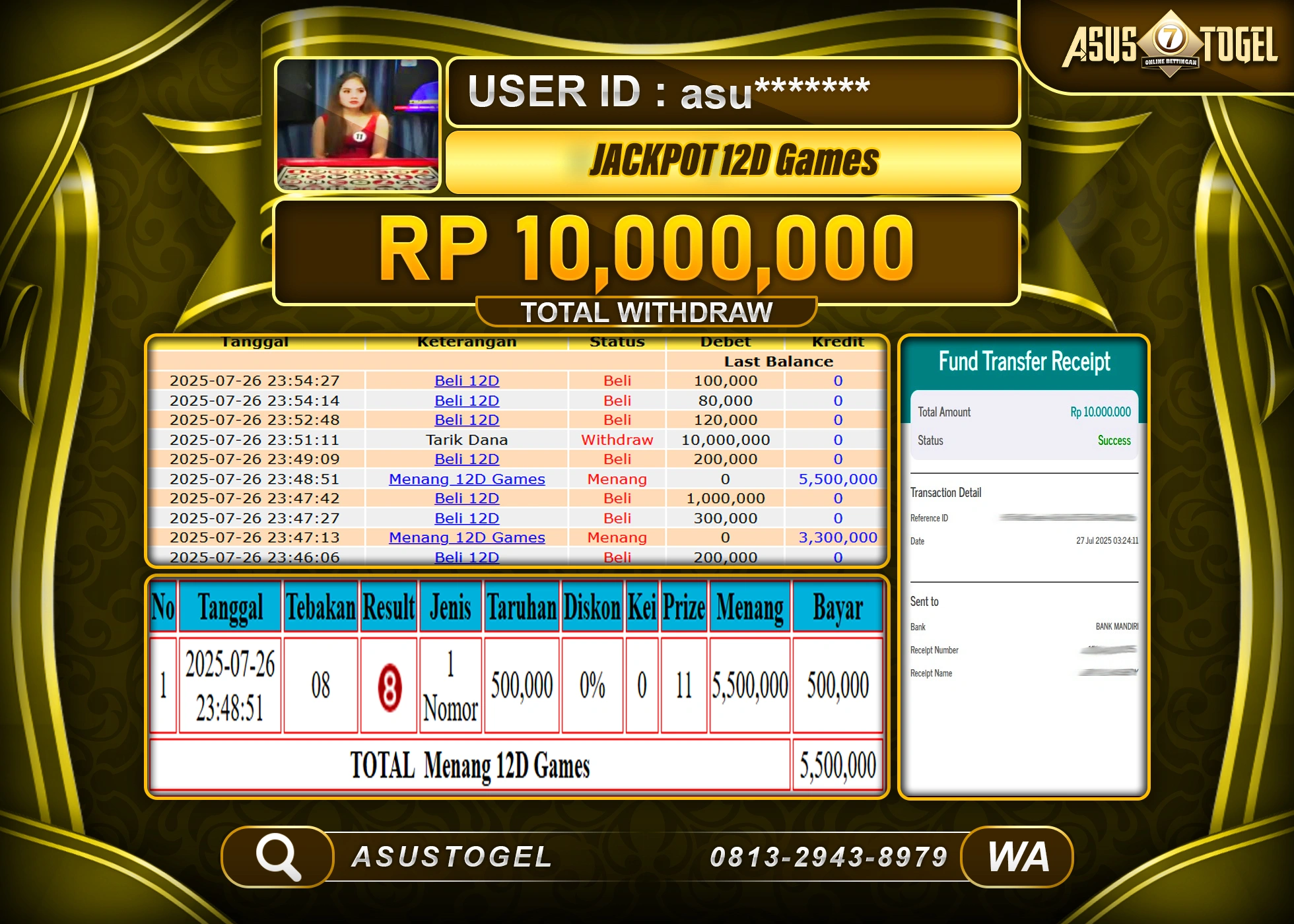 ASUSTOGEL KEMENANGAN DI LIVEGAMES 12D GAMES SEBESAR 10,000,000- RUPIAH LUNAS
