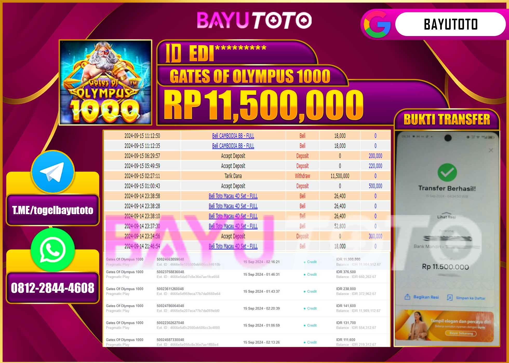 BAYUTOTO JACKPOT  GATES OF OLYMPUS 1000 Rp.11.500.000 LUNAS