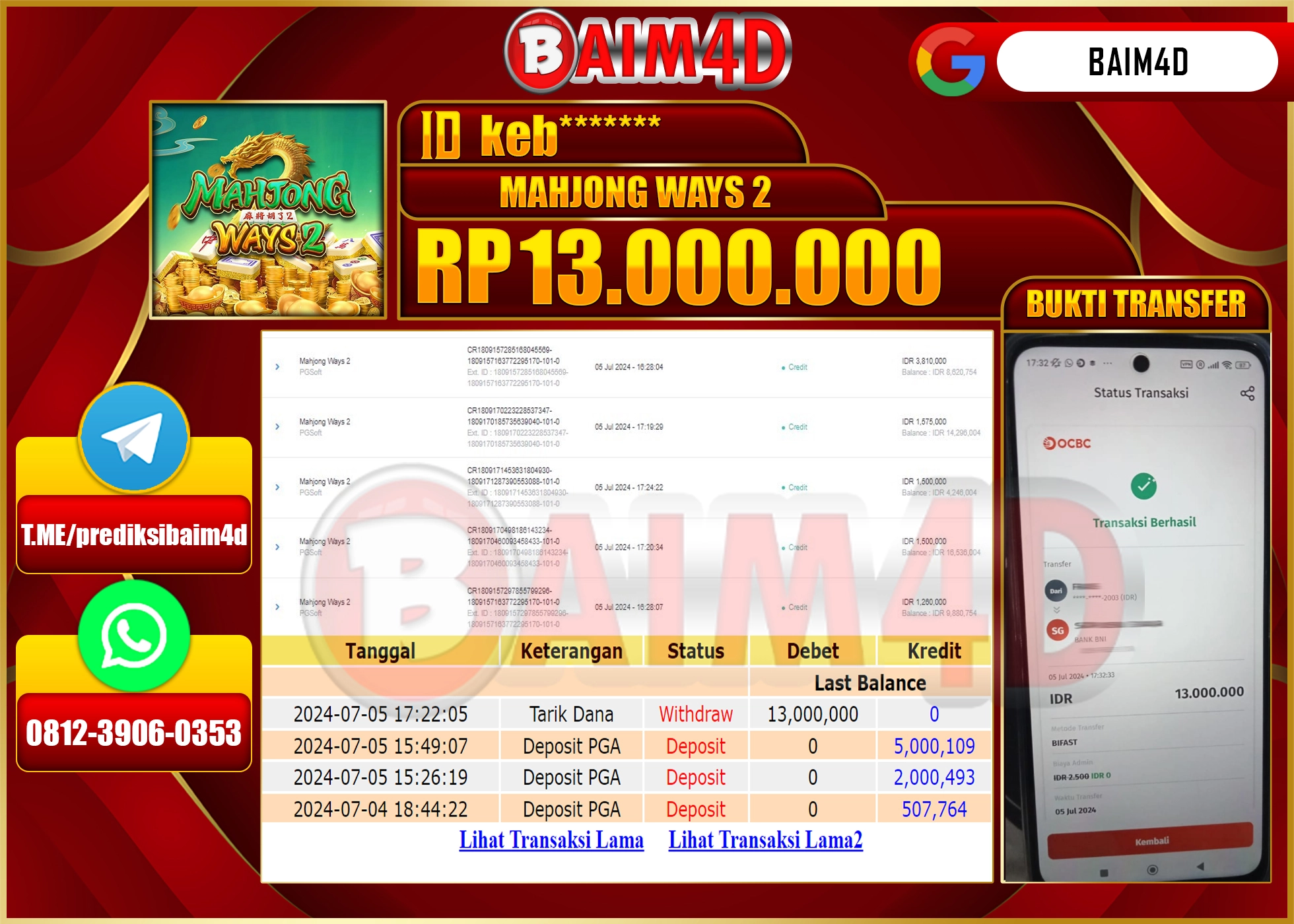 BAIM4D JACKPOT PG SOFT MAHJONG WAYS 2 Rp.13.000,000.- LUNAS