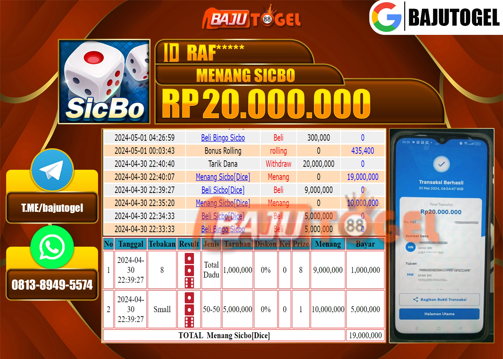 BAJUTOGEL JACKPOT CASINO SICBO Rp.20.000.000 LUNAS